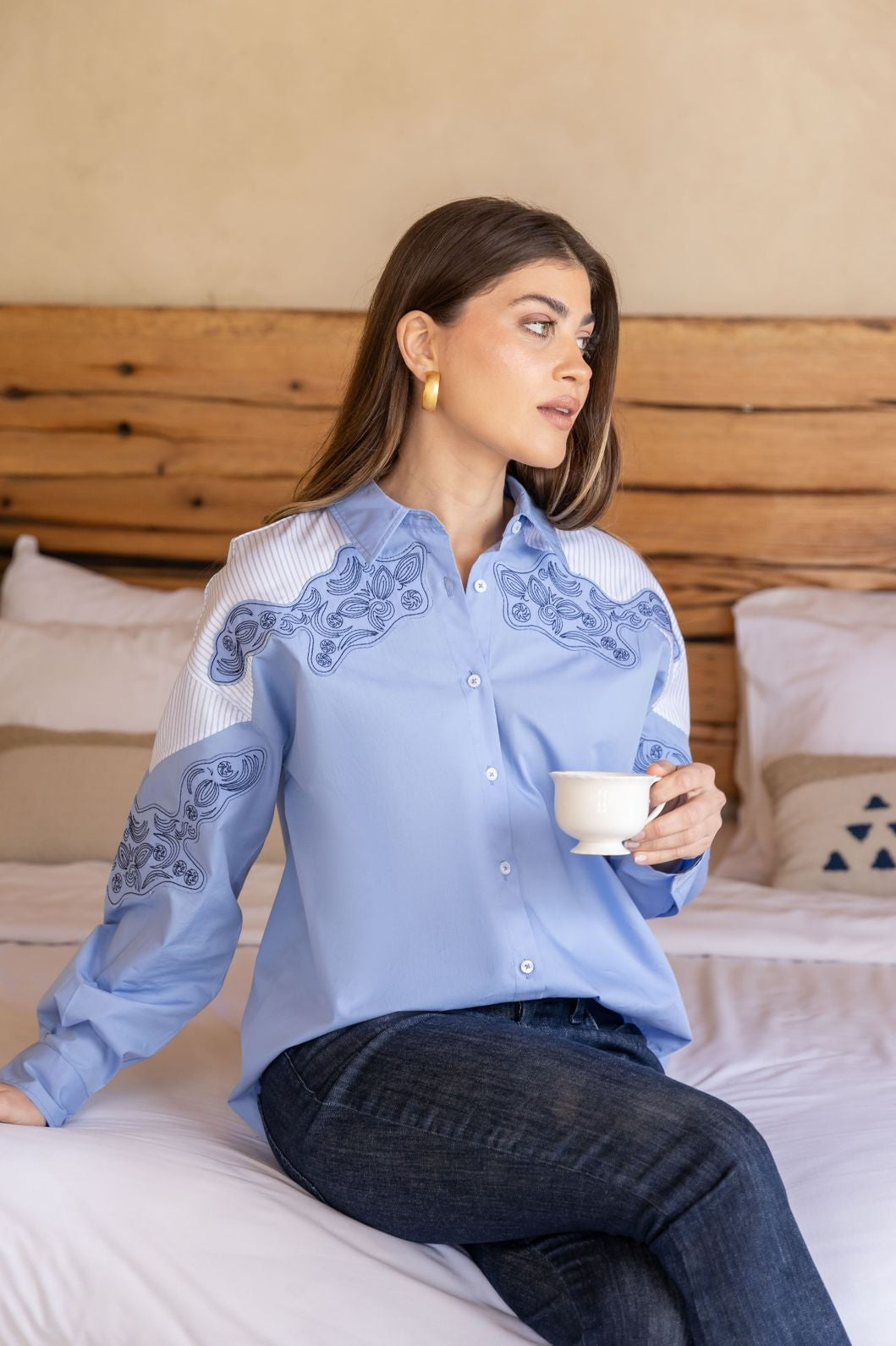 Blue Embroidered Patchwork Shirt