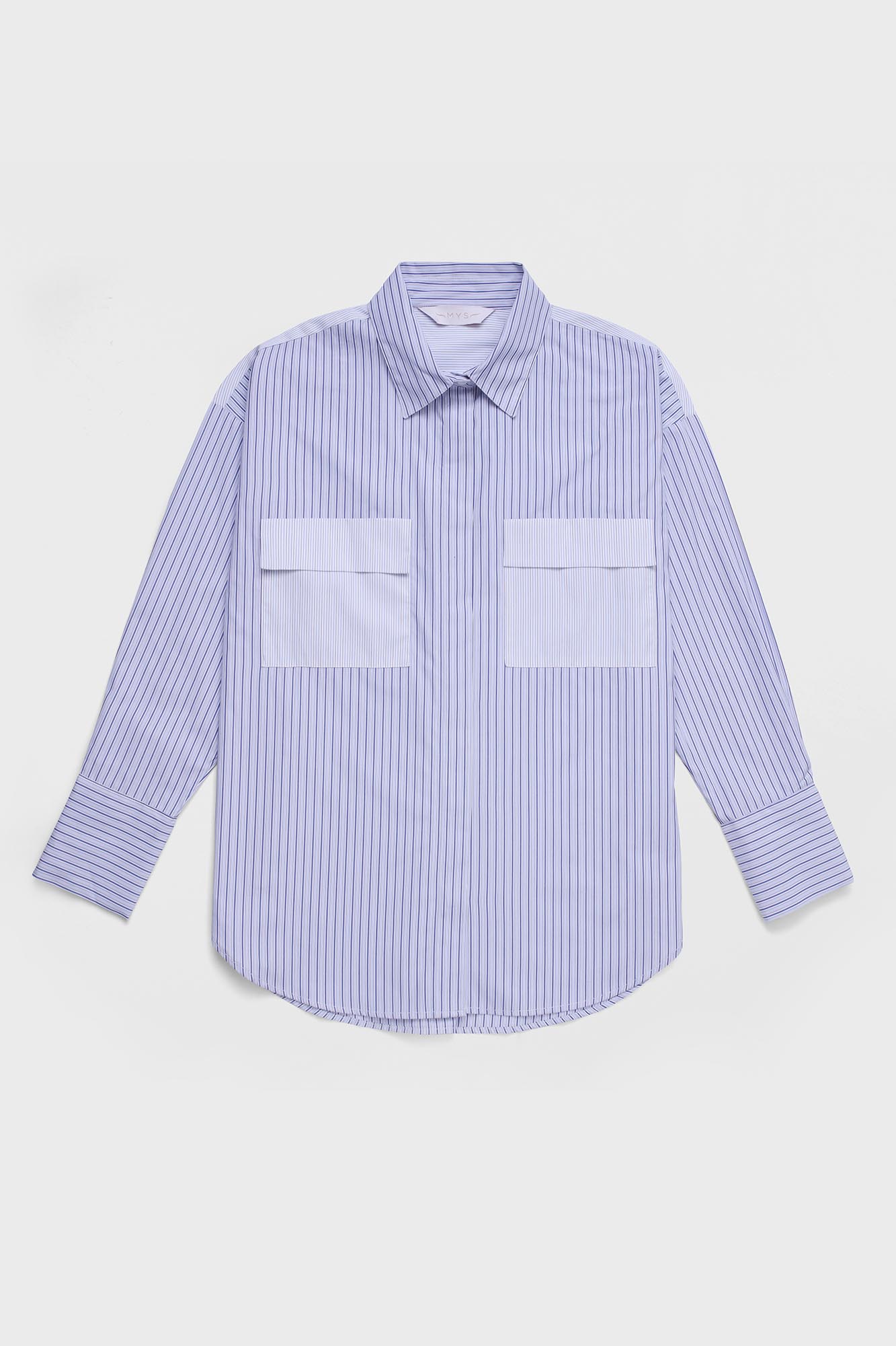Blue Striped Patch-Work Shirt with Flap Pockets