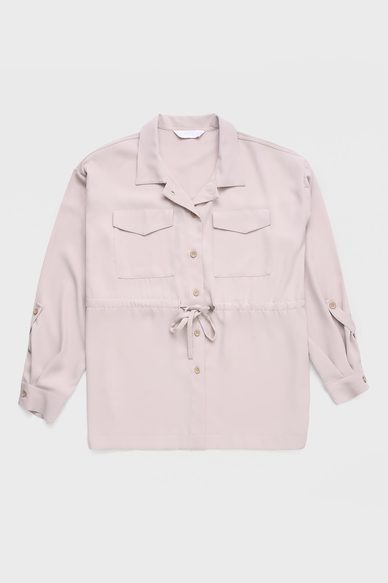 Beige Waist Tie Overshirt with Flap Pockets