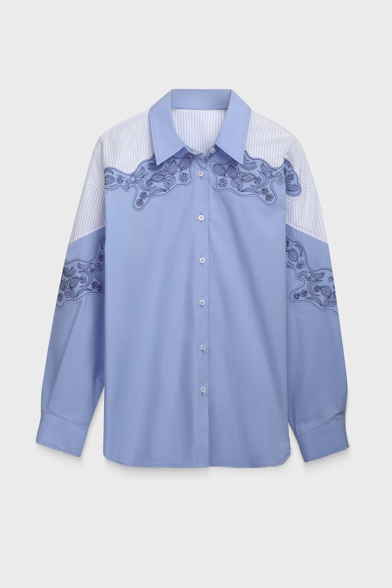 Blue Embroidered Patchwork Shirt
