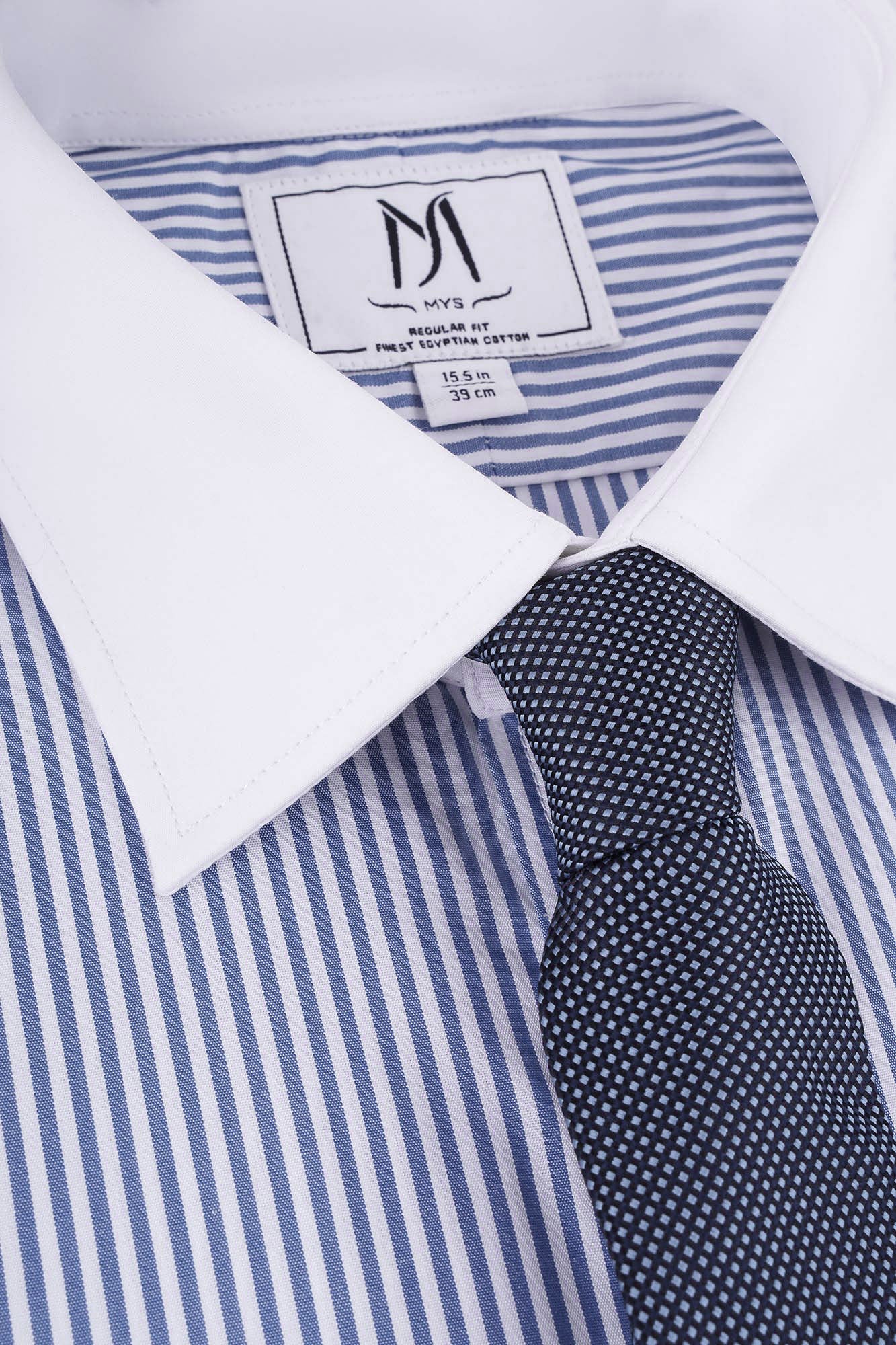 Blue Striped Poplin Contrast Shirt - Regular Fit