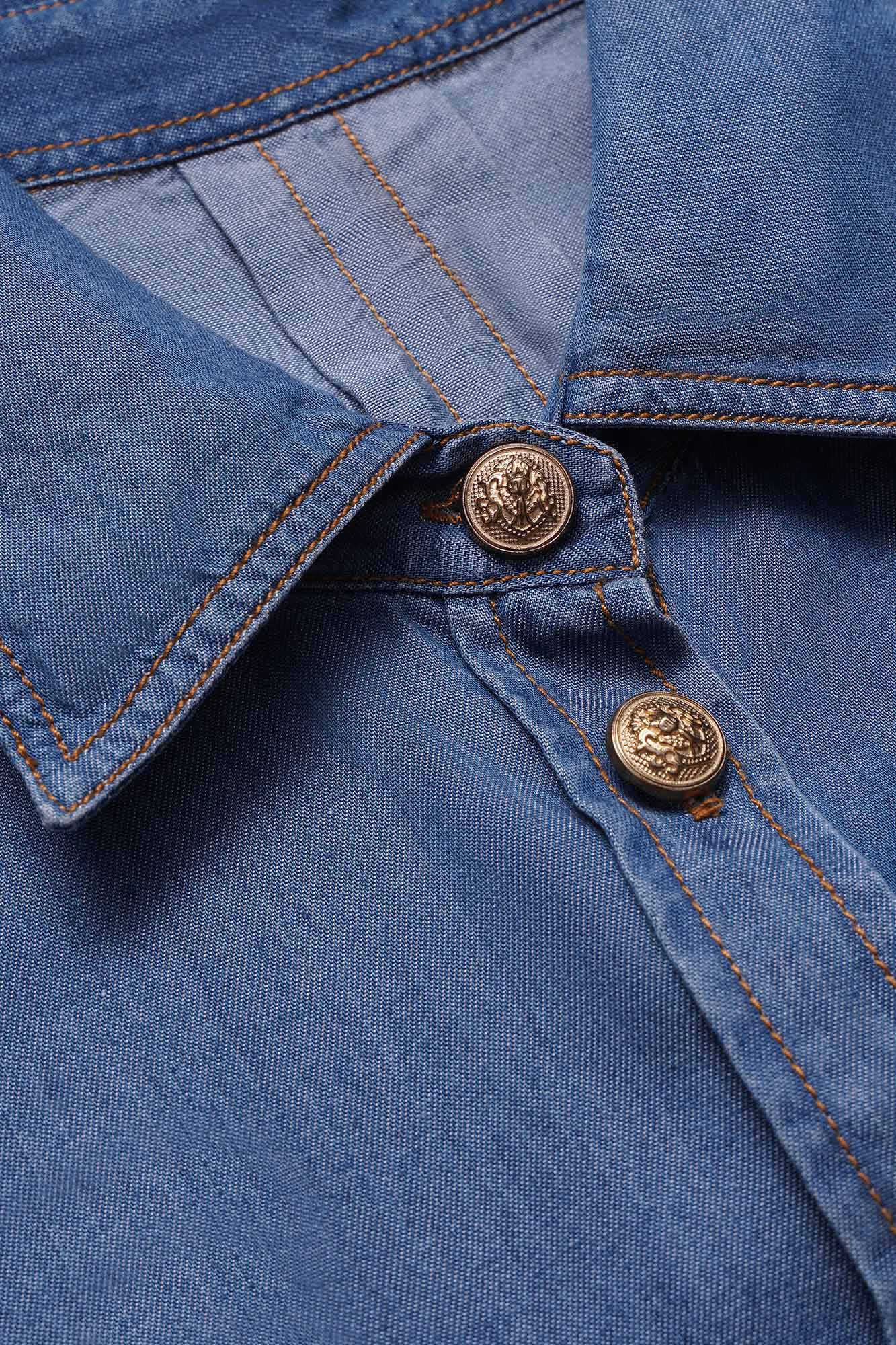 Medium Blue Denim Tencel Shirt with Flap Pockets