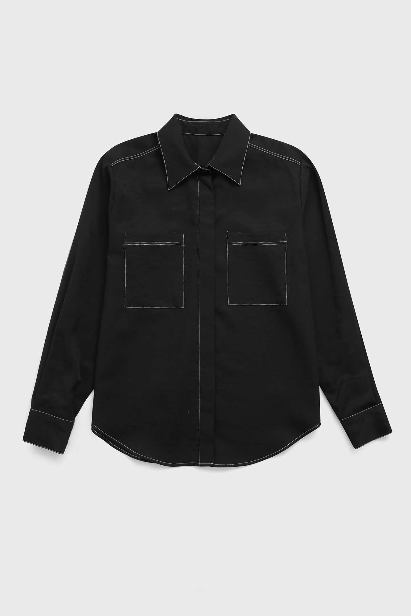 Black Viscose Contrast Shirt with Flap Pockets