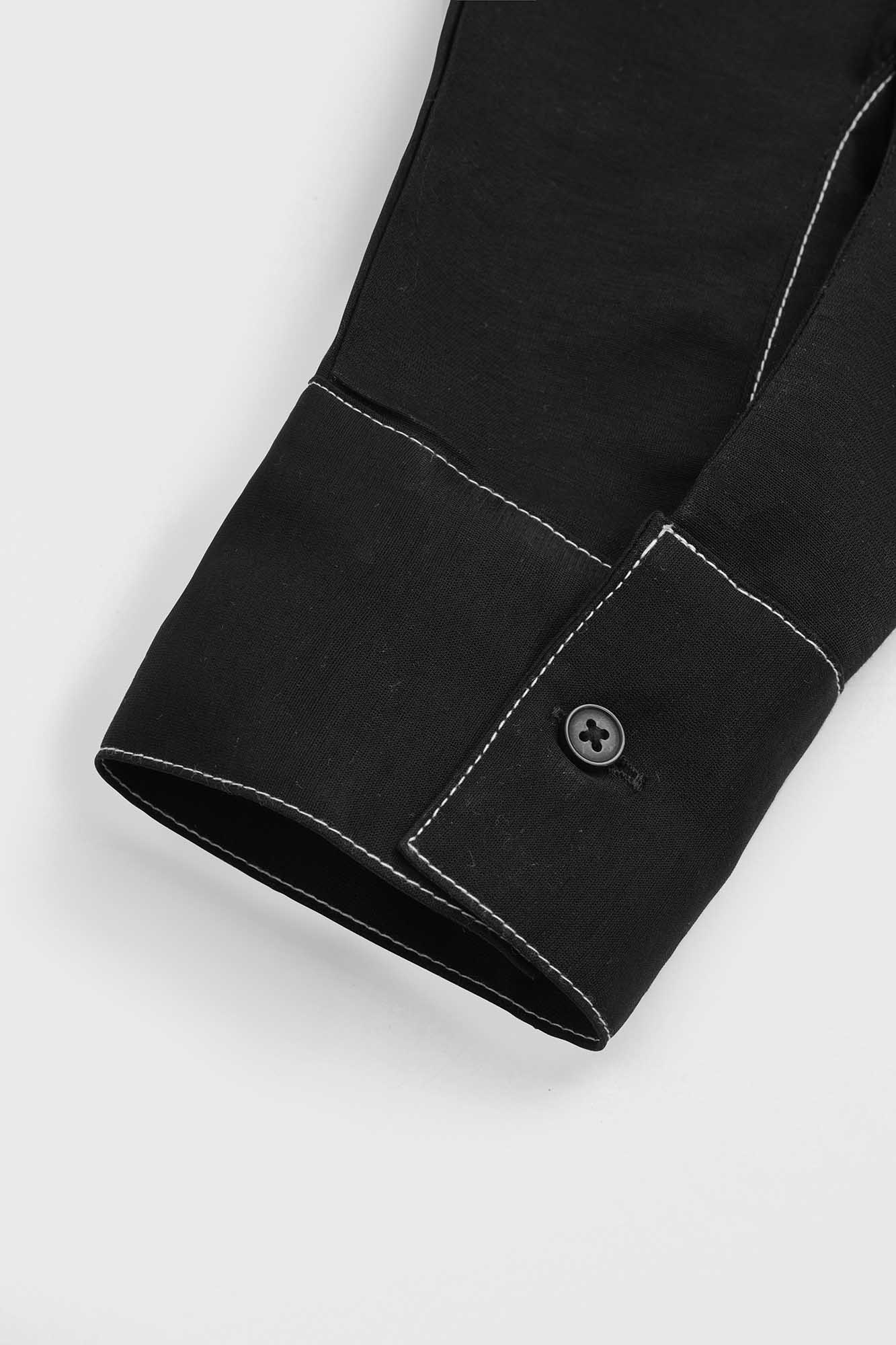 Black Viscose Contrast Shirt with Flap Pockets