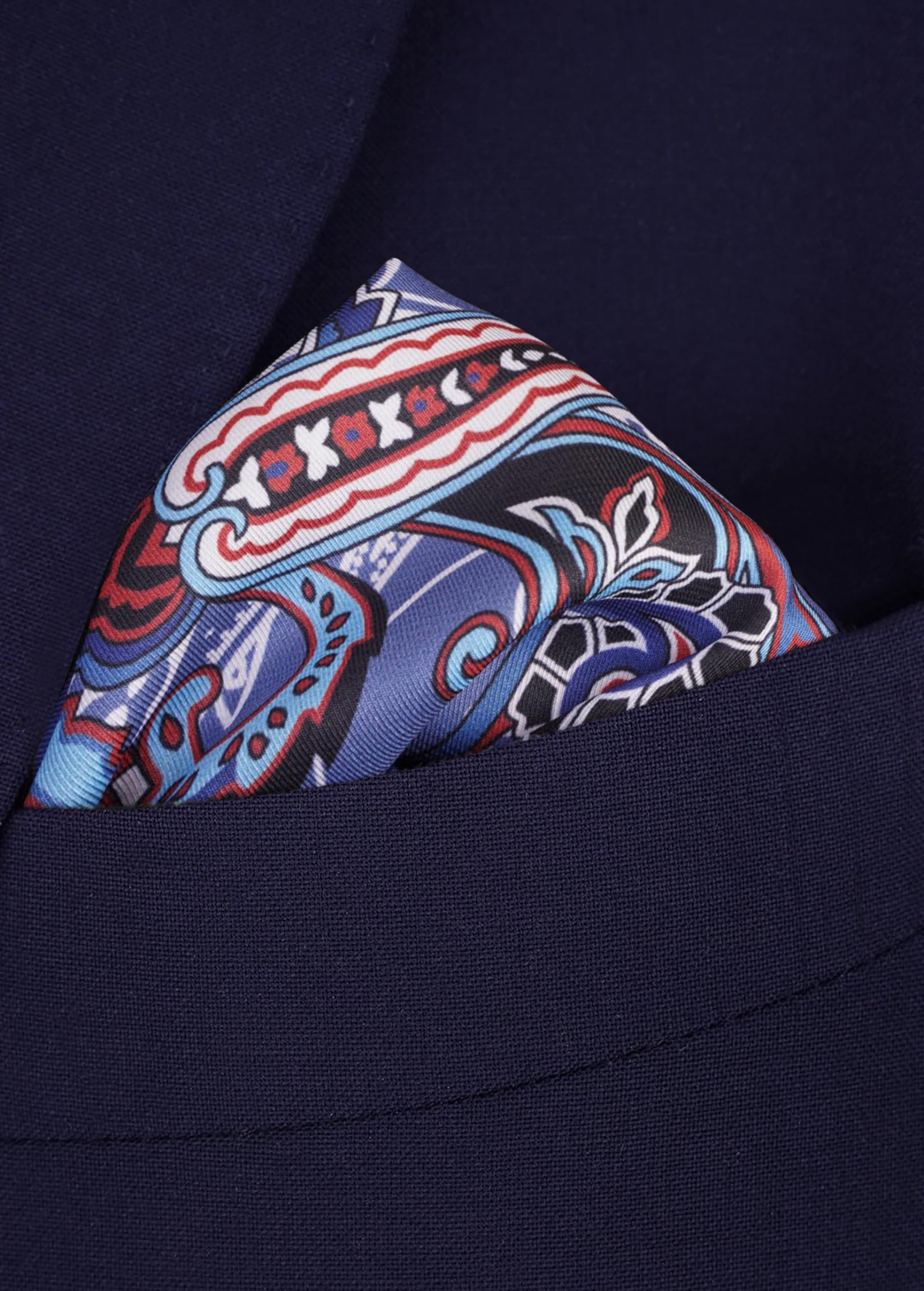 Blue and Red Geometric Foulard Pocket Square