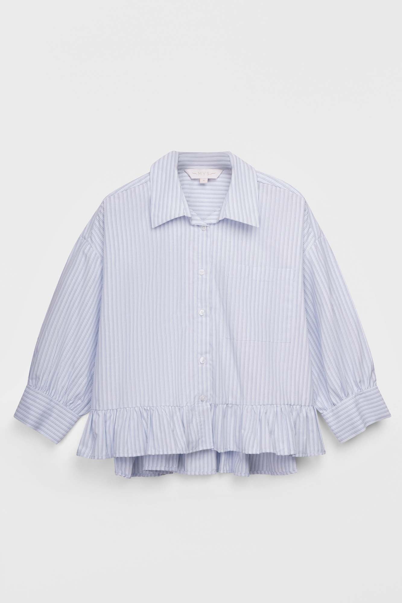 Light Blue Striped Ruffle Hem Shirt