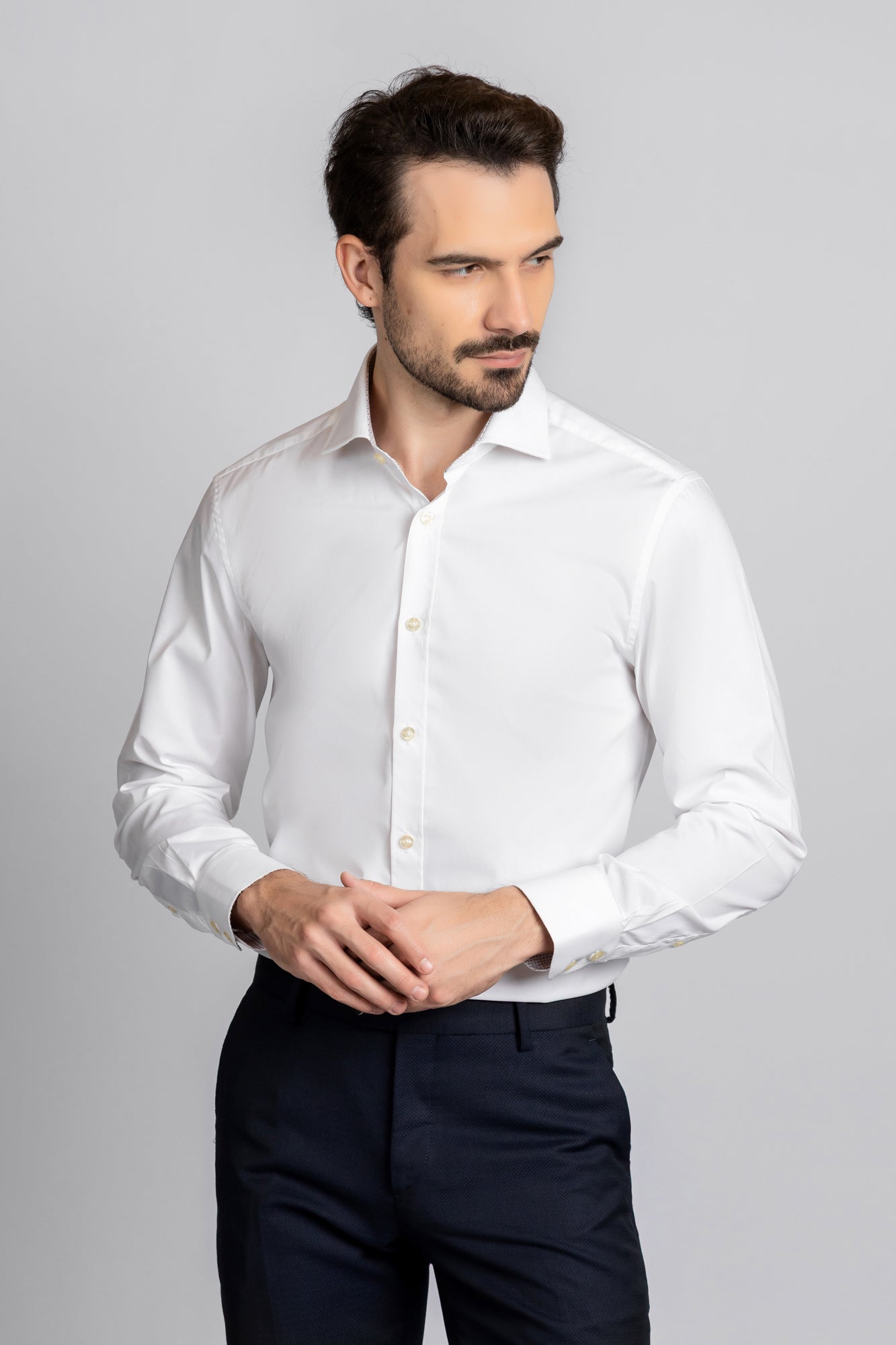 White Contrast Pink Stretch Shirt - Slim Fit