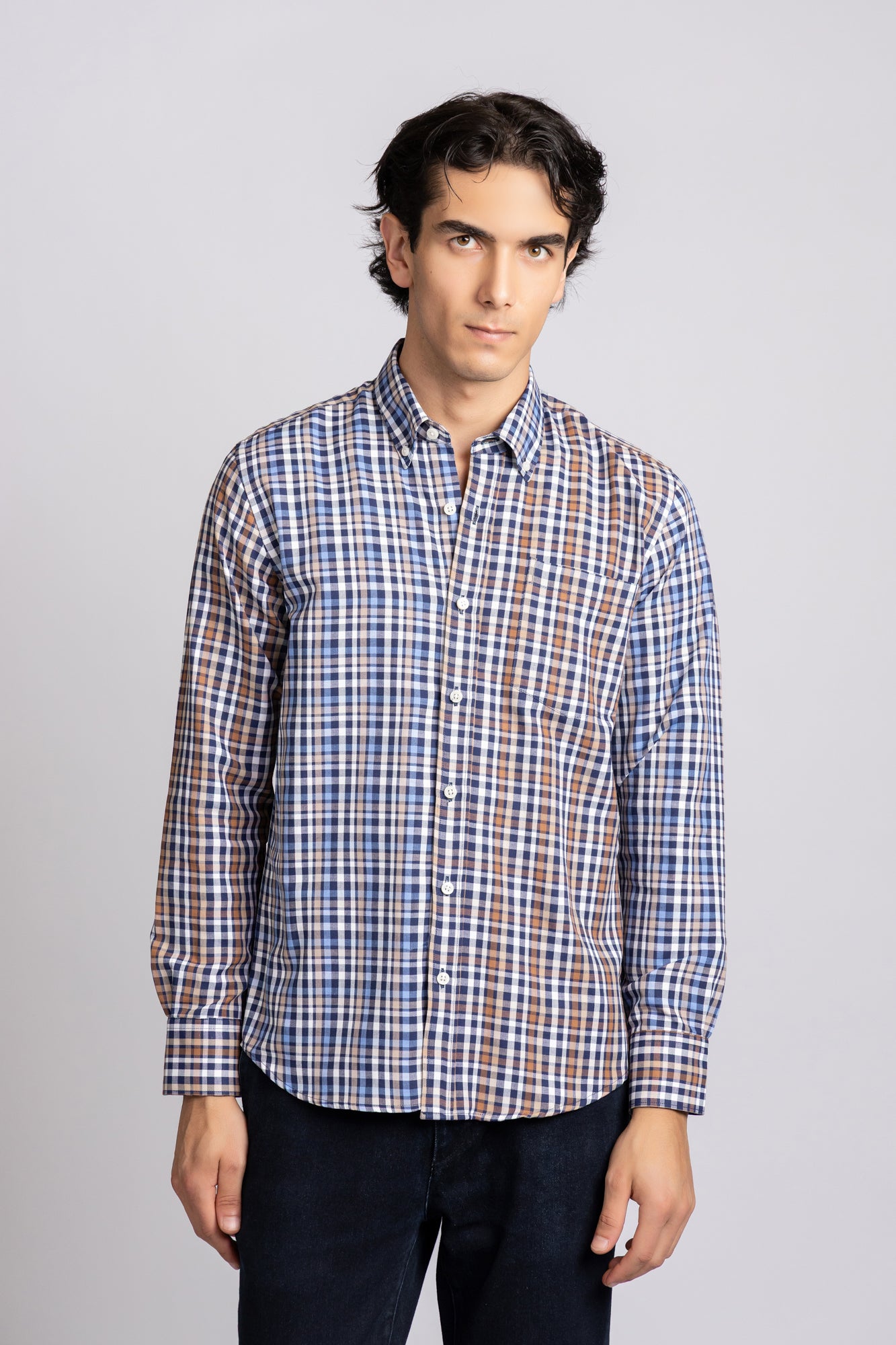 Navy Checkered Patch-Work Shirt