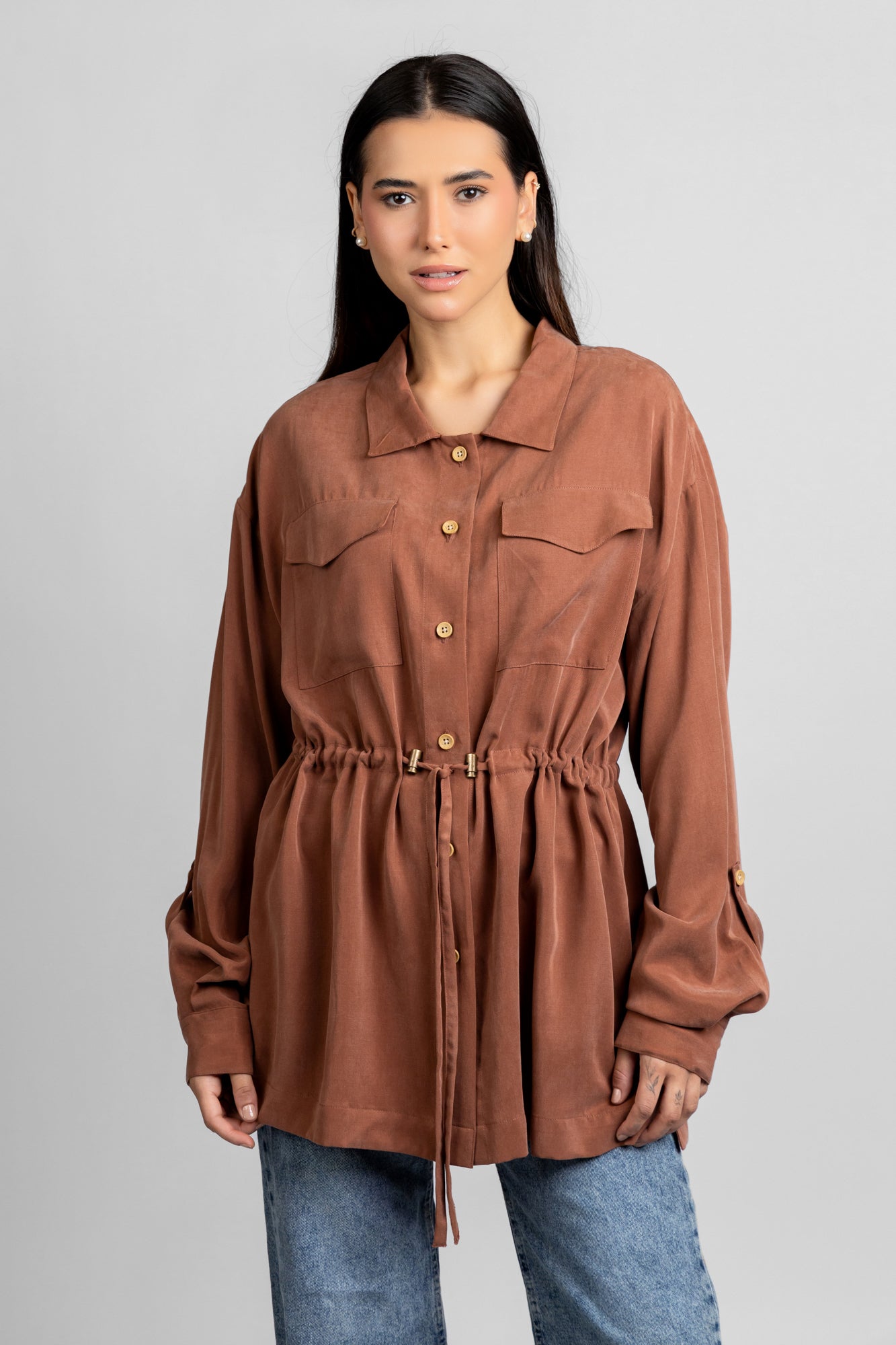 Wood Tencel Waist Tie Overshirt with Flap Pockets