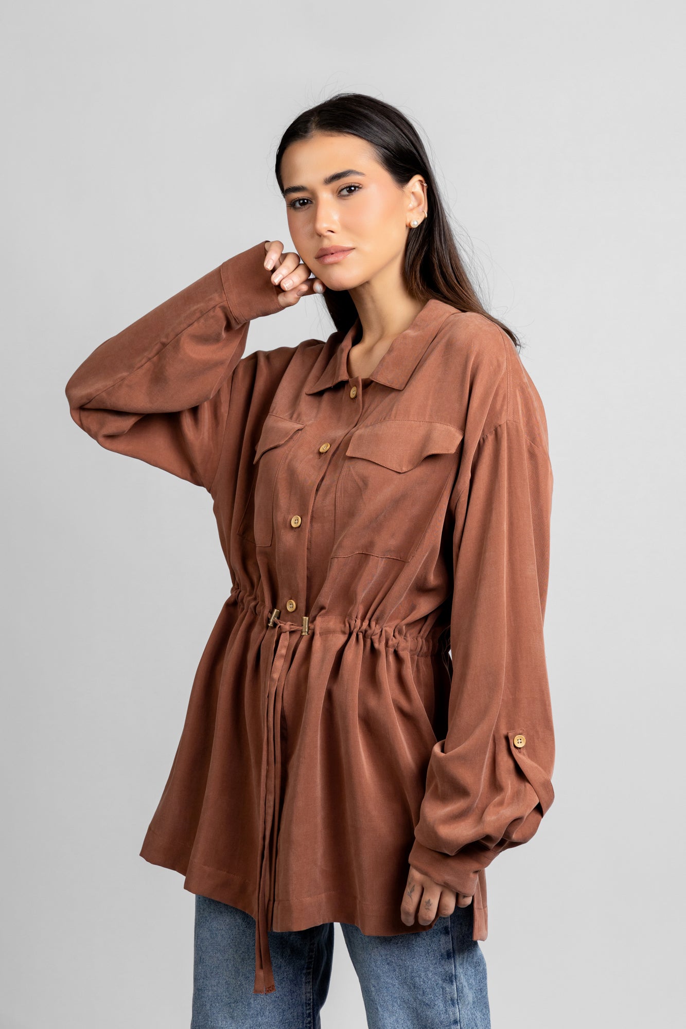 Wood Tencel Waist Tie Overshirt with Flap Pockets