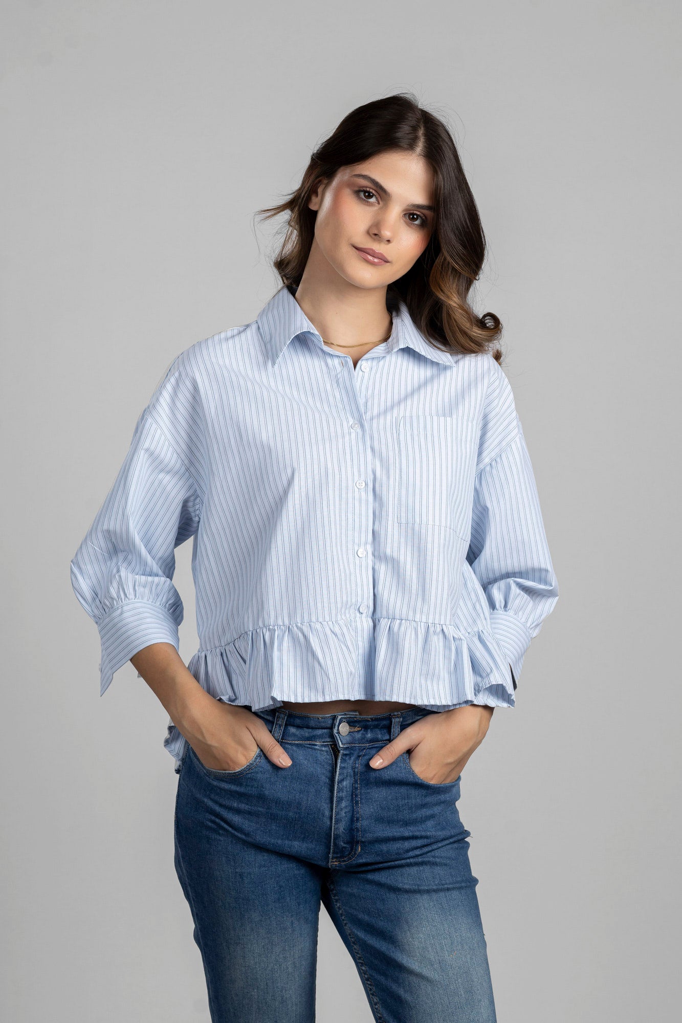 Light Blue Striped Ruffle Hem Shirt