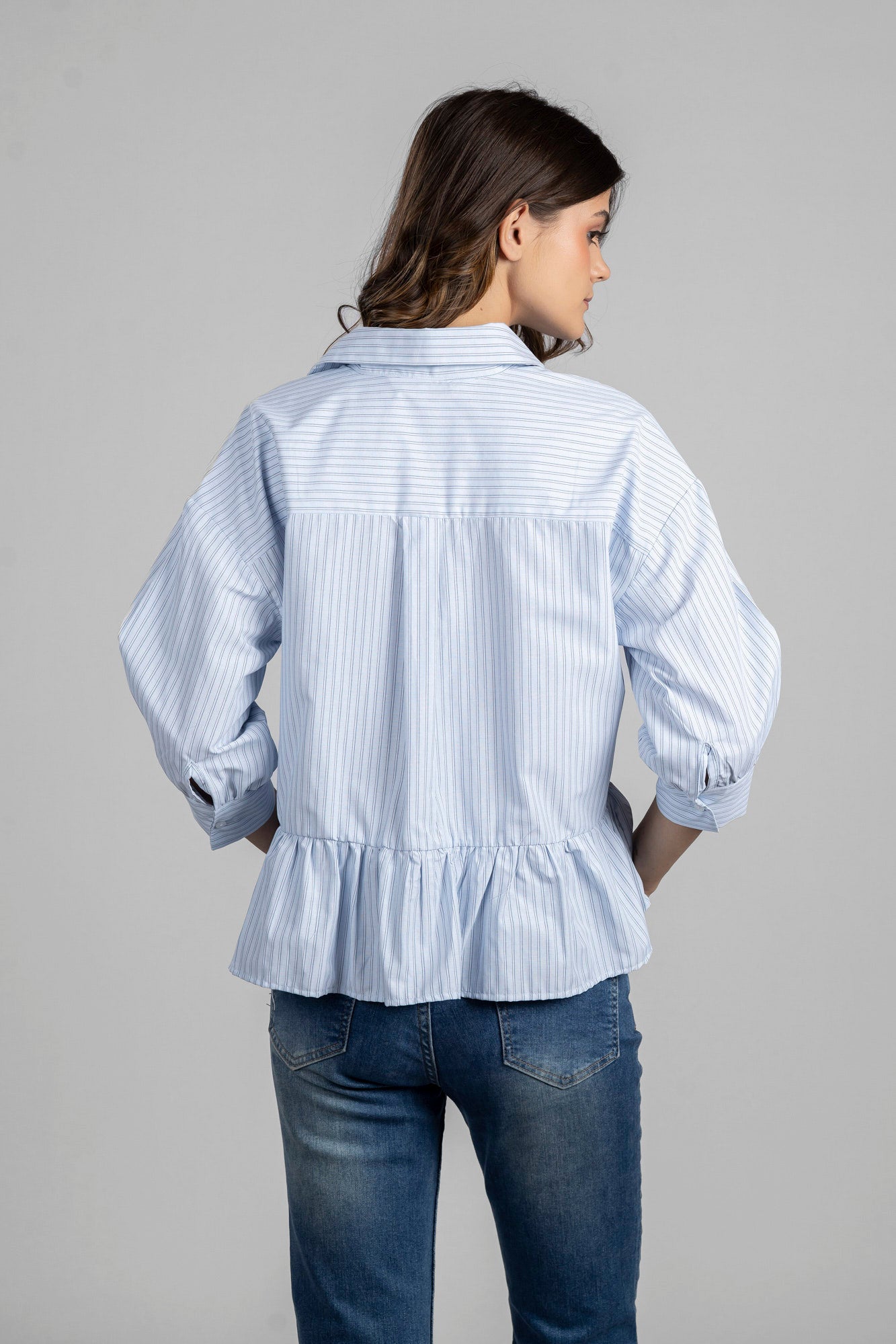 Light Blue Striped Ruffle Hem Shirt