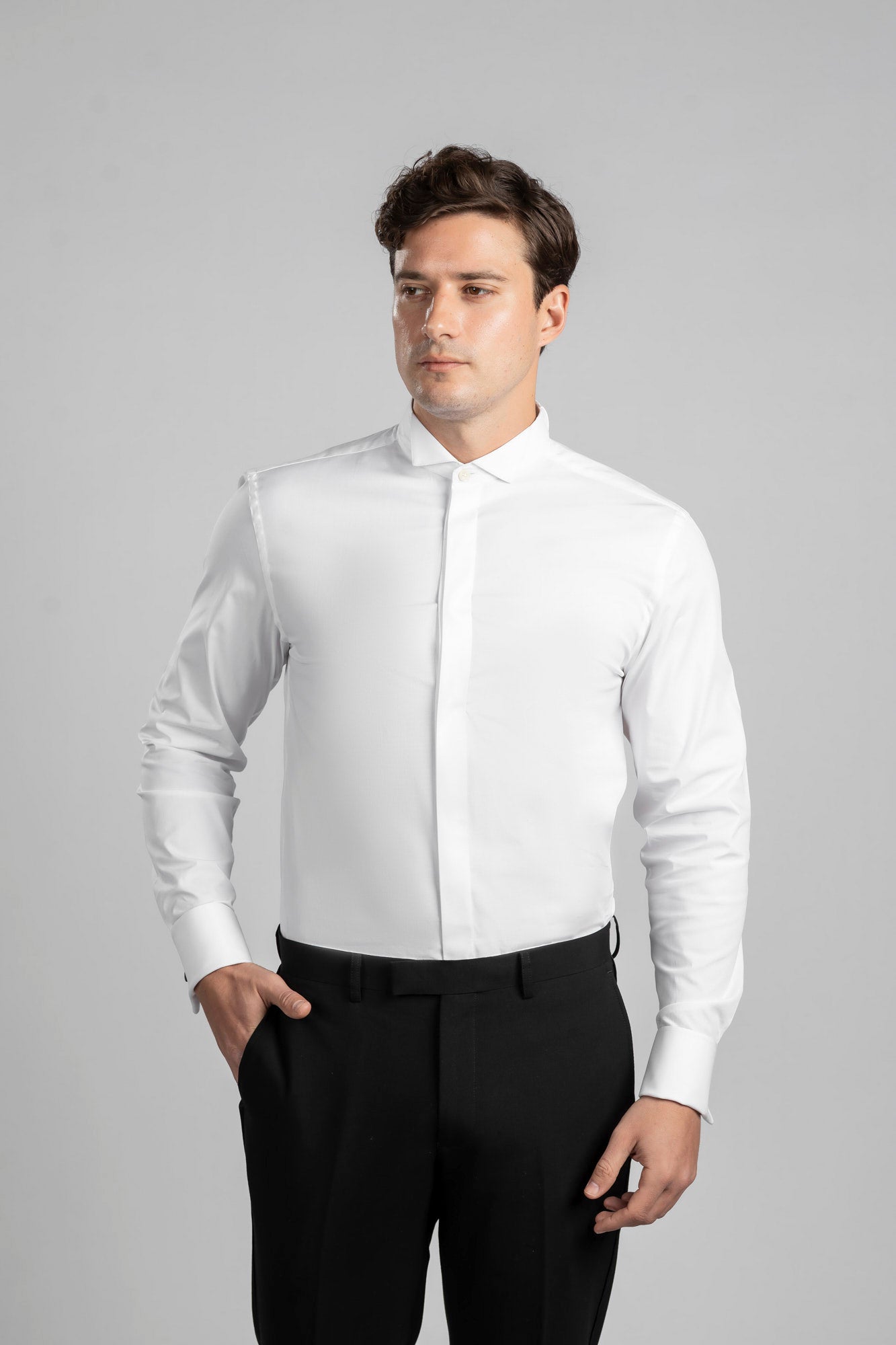 White Hidden Placket Tuxedo Shirt - Slim Fit