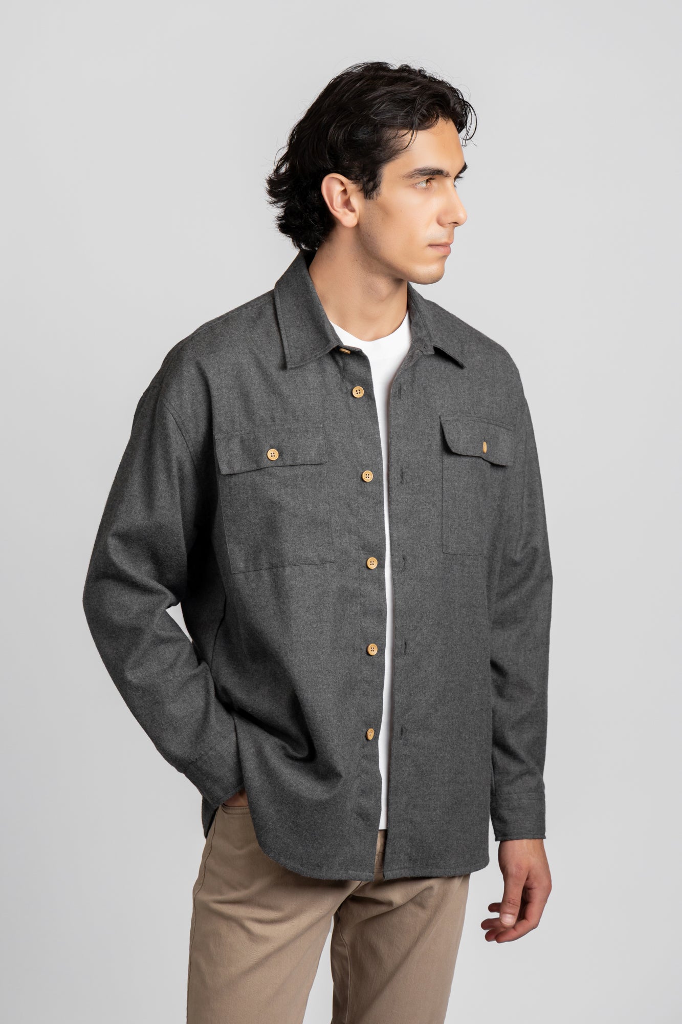 Brushed Shirt with Flap Pockets Beige