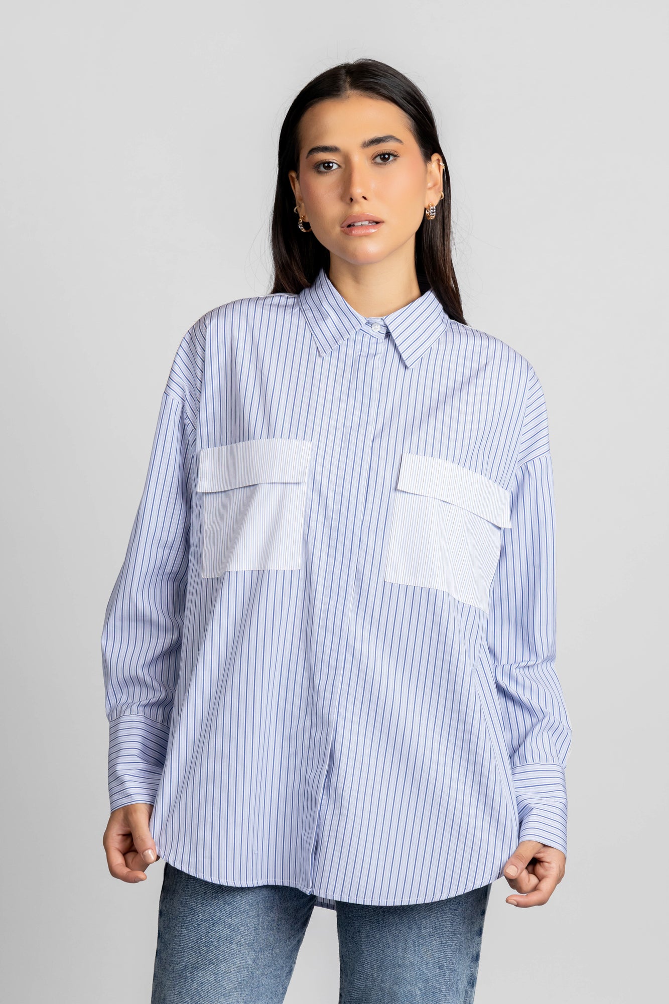 Blue Striped Patch-Work Shirt with Flap Pockets