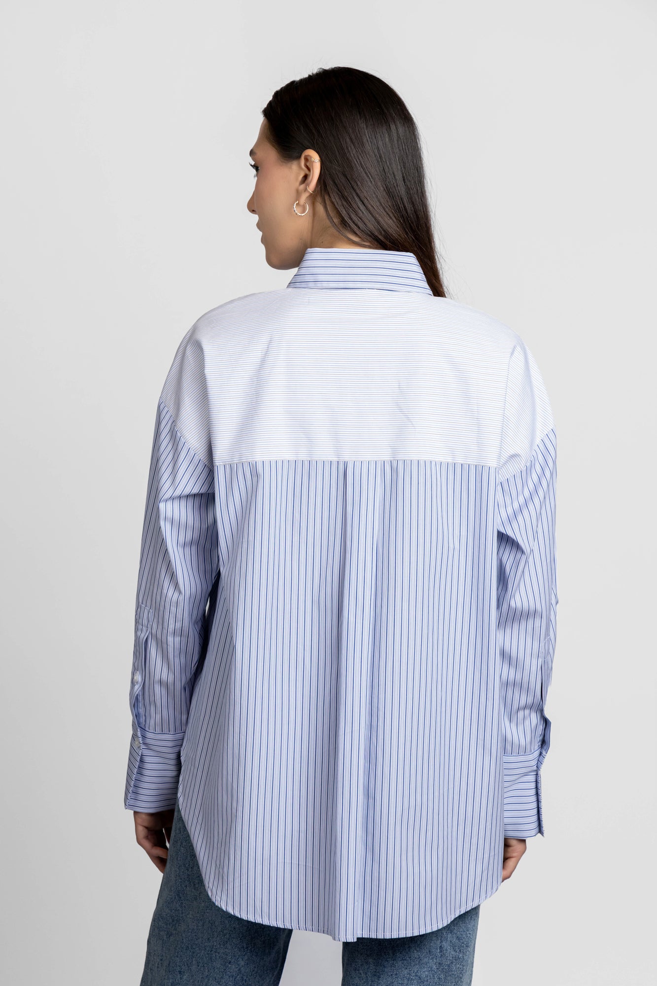 Blue Striped Patch-Work Shirt with Flap Pockets