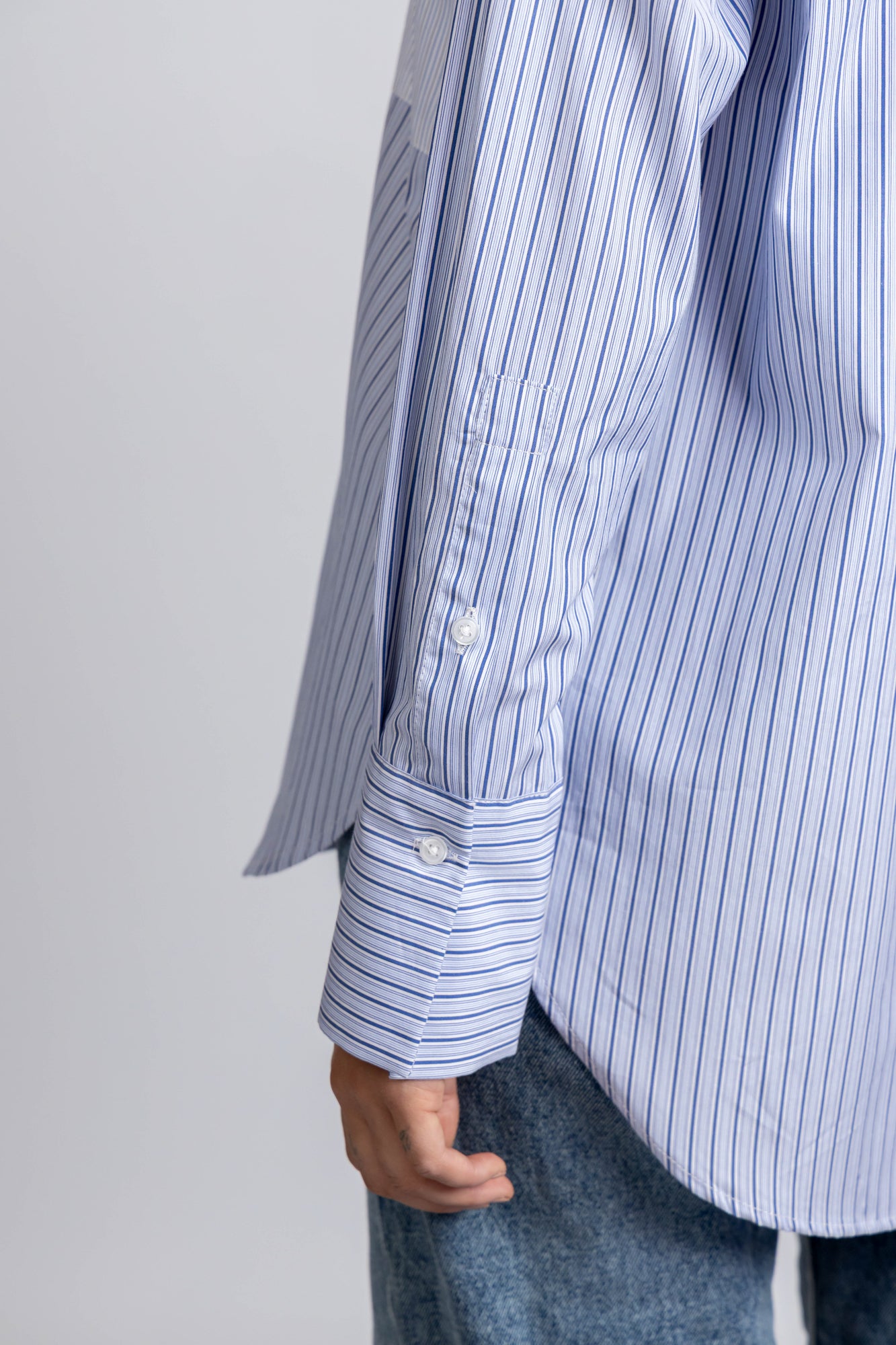 Blue Striped Patch-Work Shirt with Flap Pockets