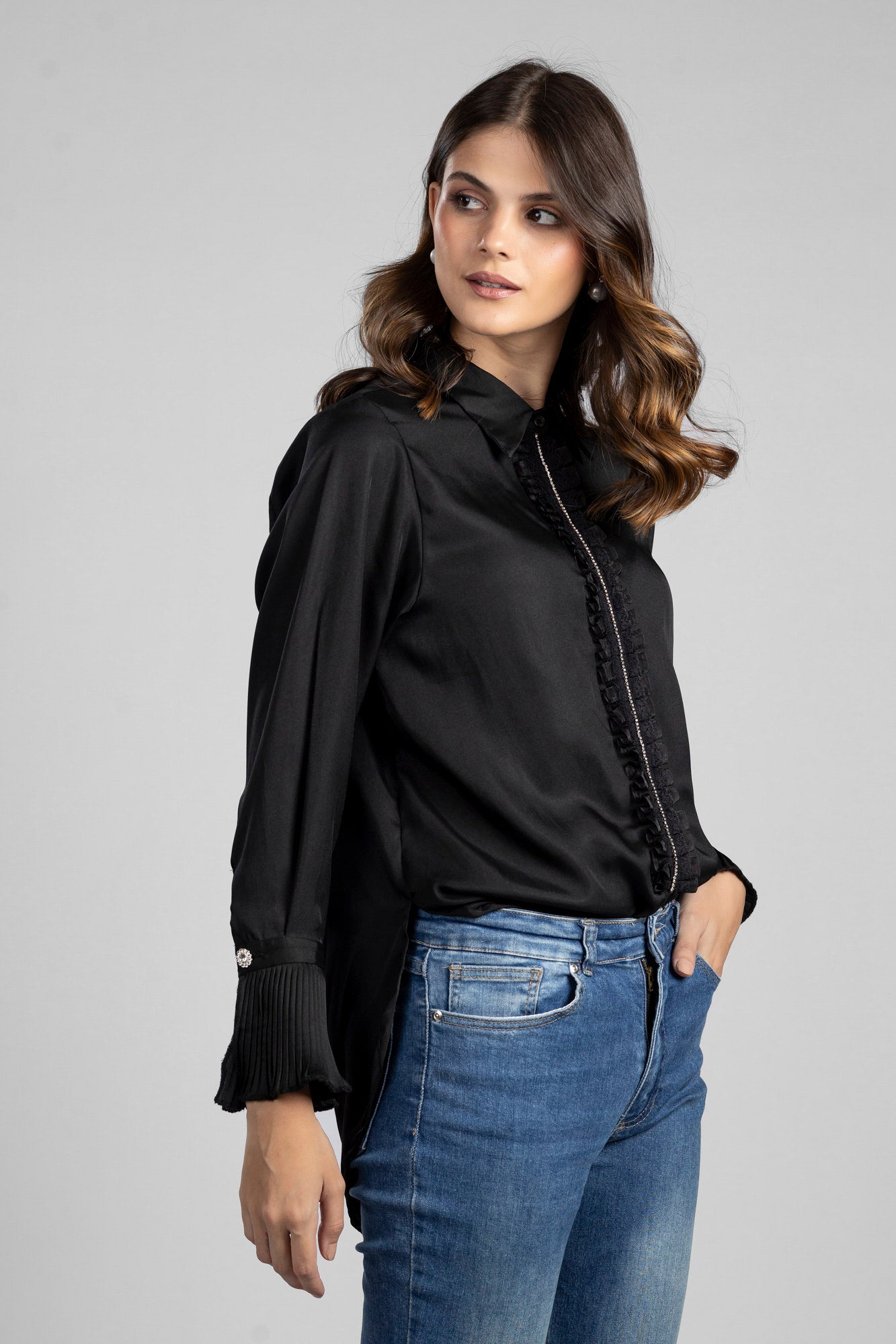 Black Satin Ruffle Shirt