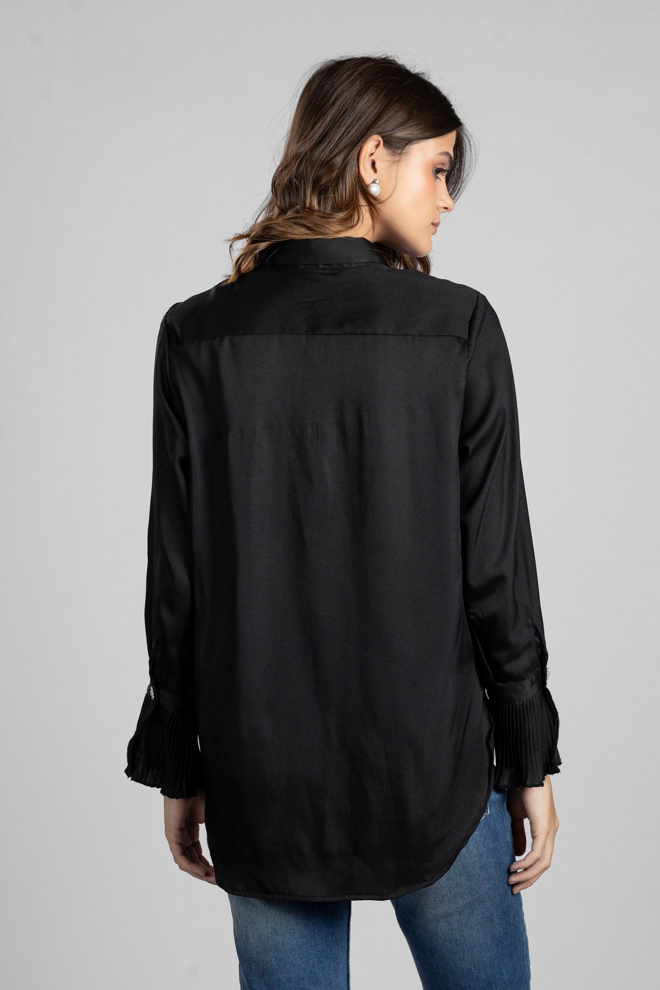 Black Satin Ruffle Shirt