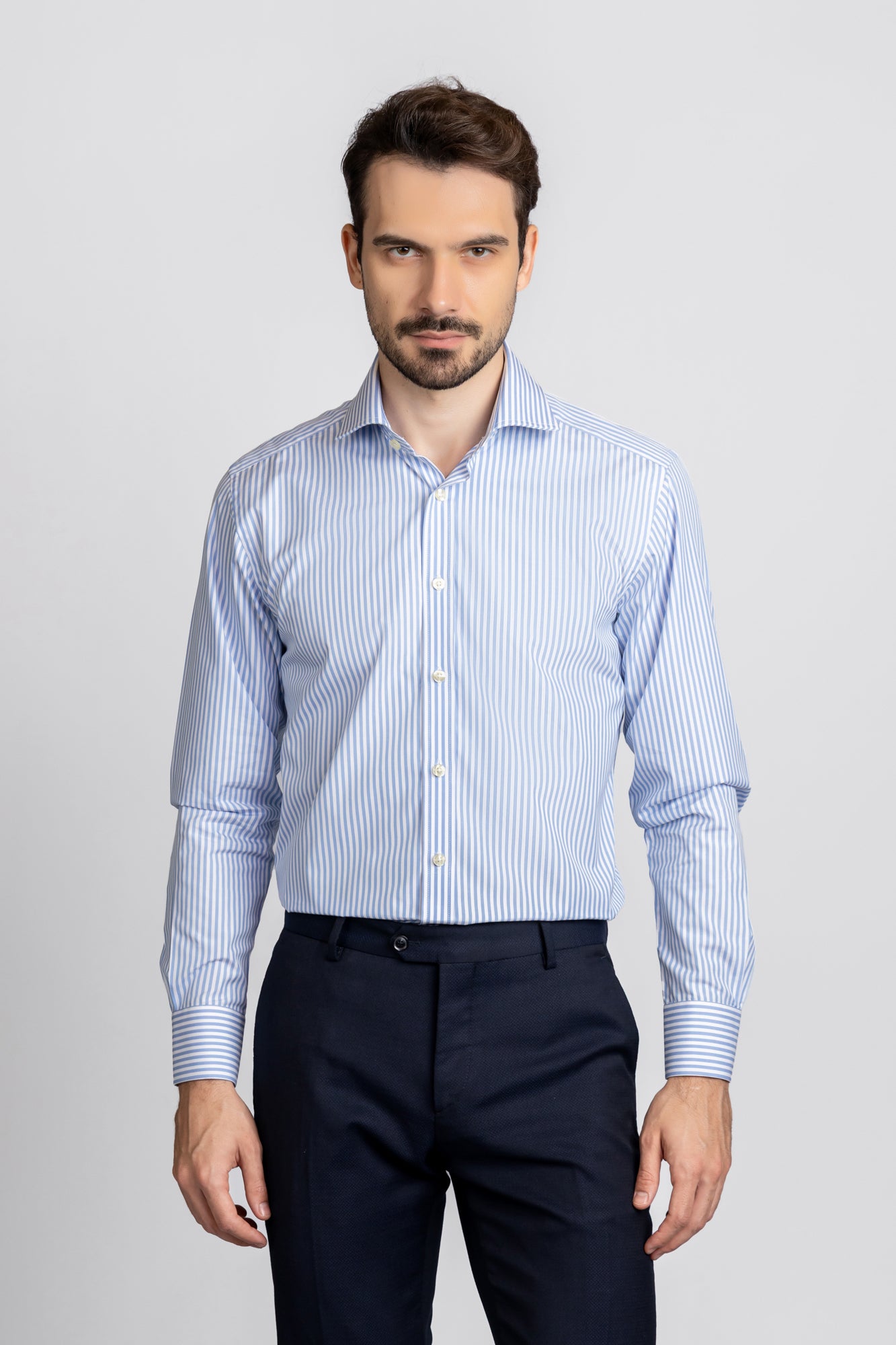 Sky Blue Striped Poplin Shirt - Regular Fit