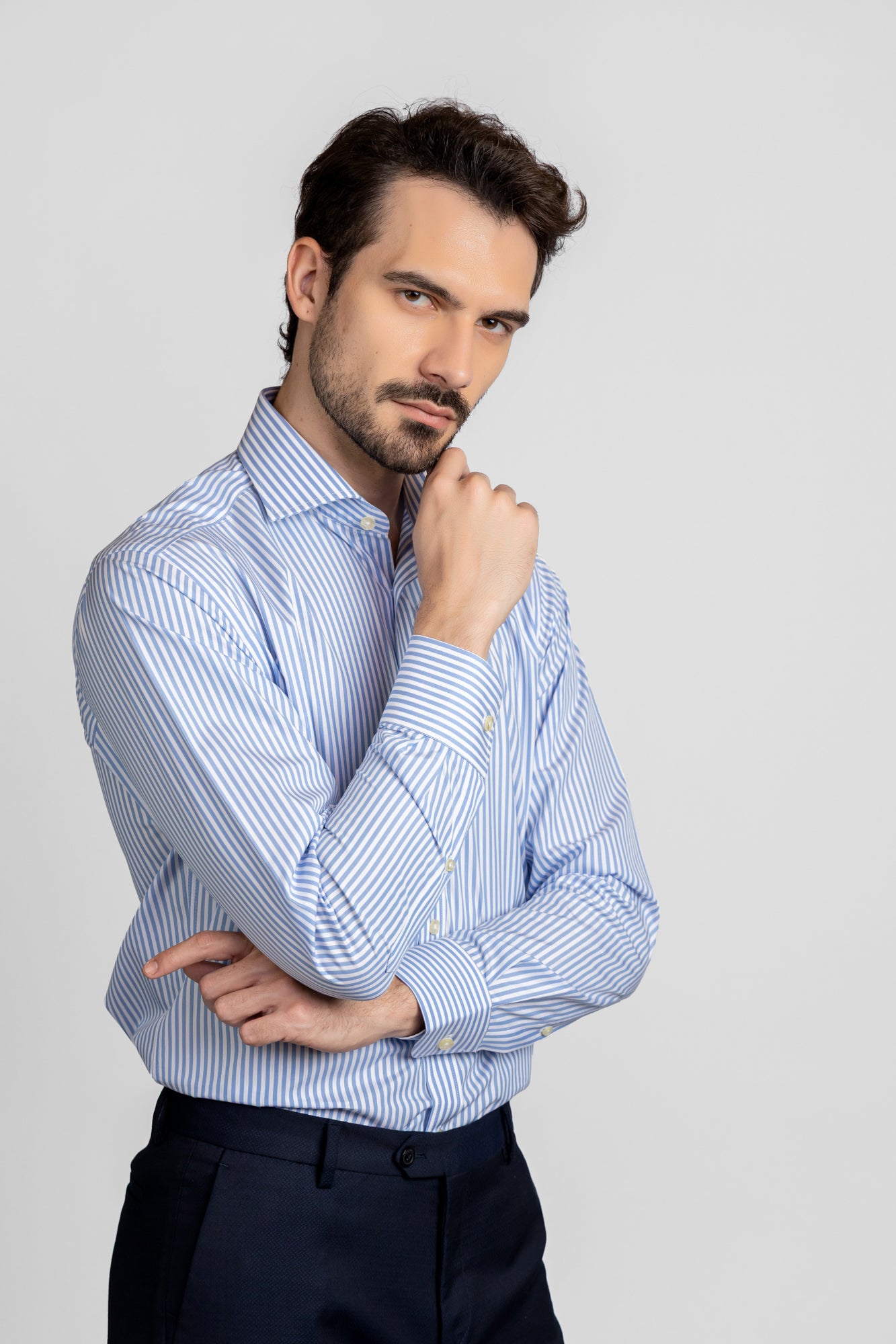 Sky Blue Striped Poplin Shirt - Regular Fit