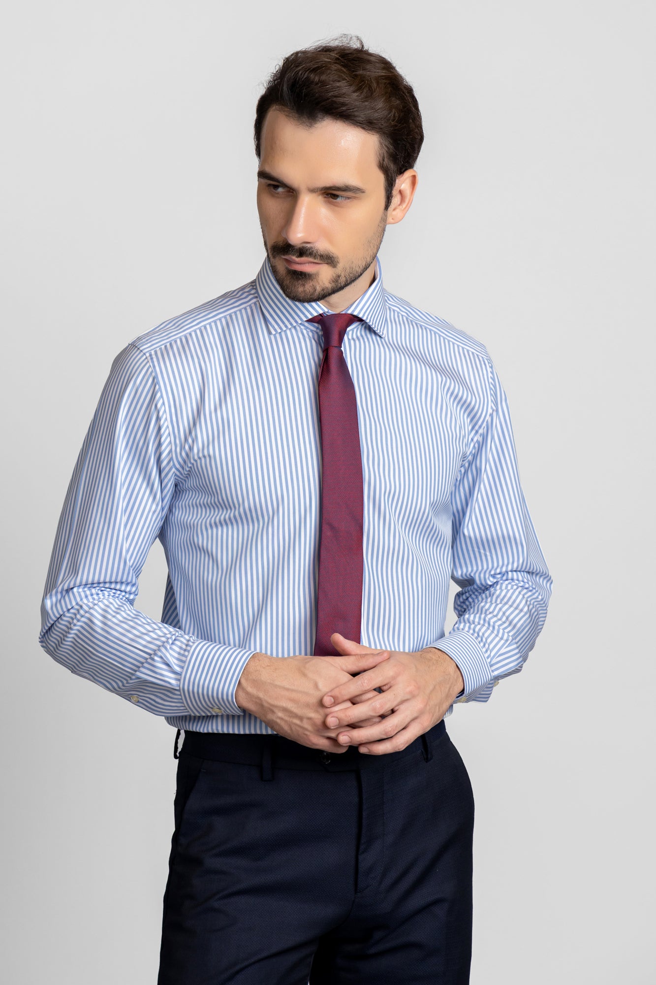 Sky Blue Striped Poplin Shirt - Regular Fit