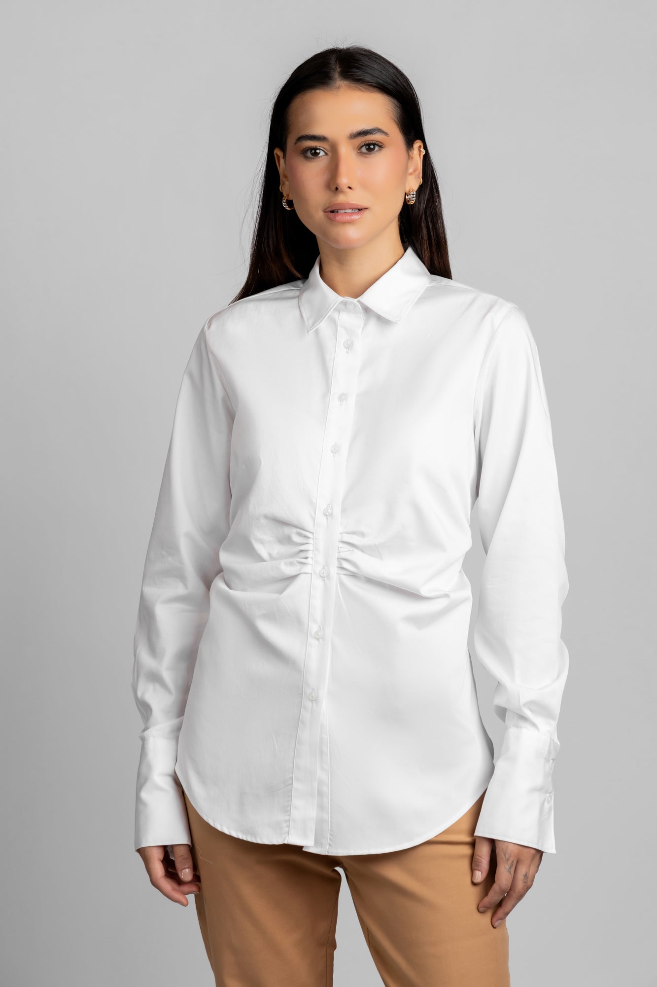 White Poplin Gathered Placket Stretch Shirt
