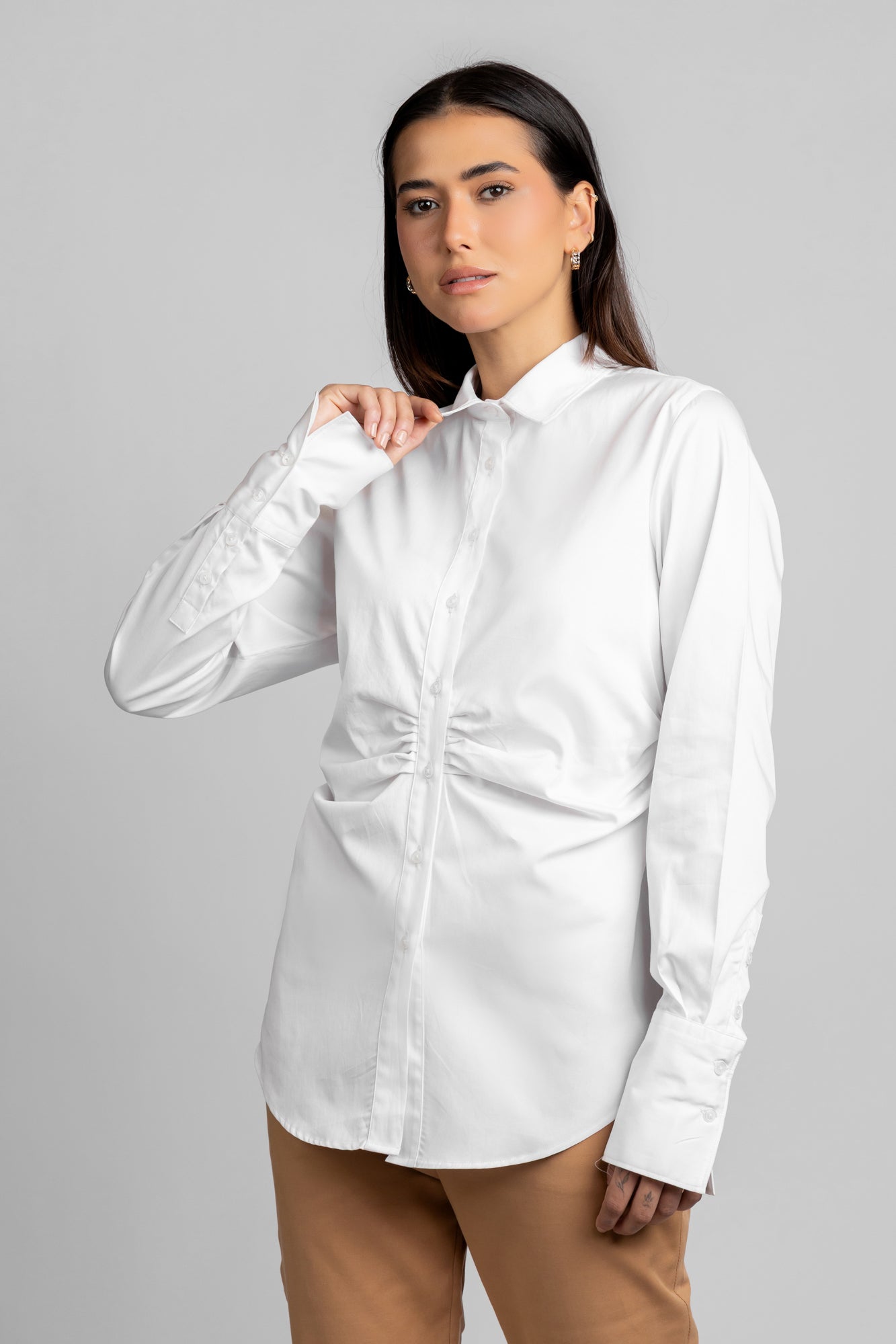White Poplin Gathered Placket Stretch Shirt
