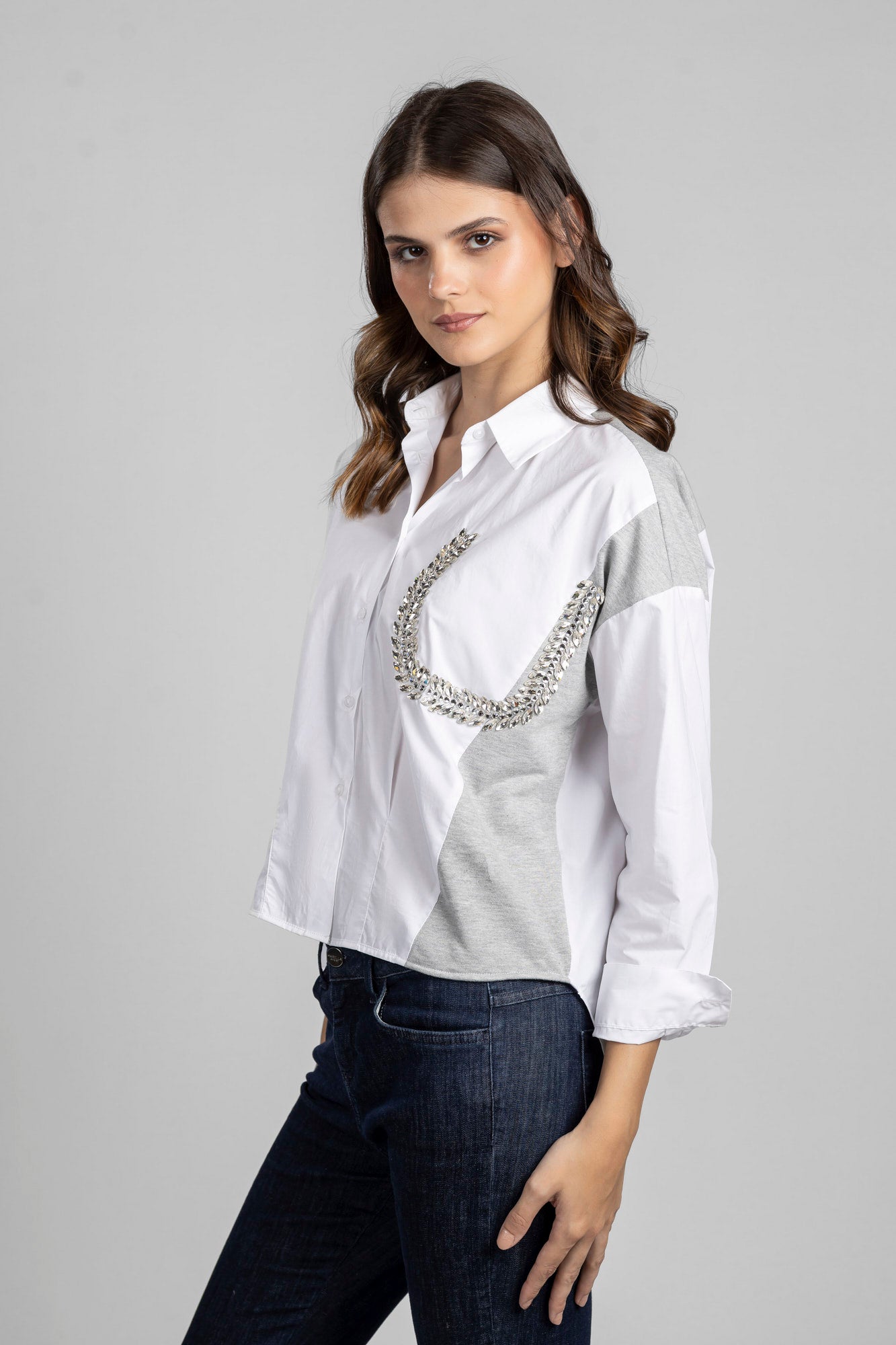 White Patchwork Knit Shirt