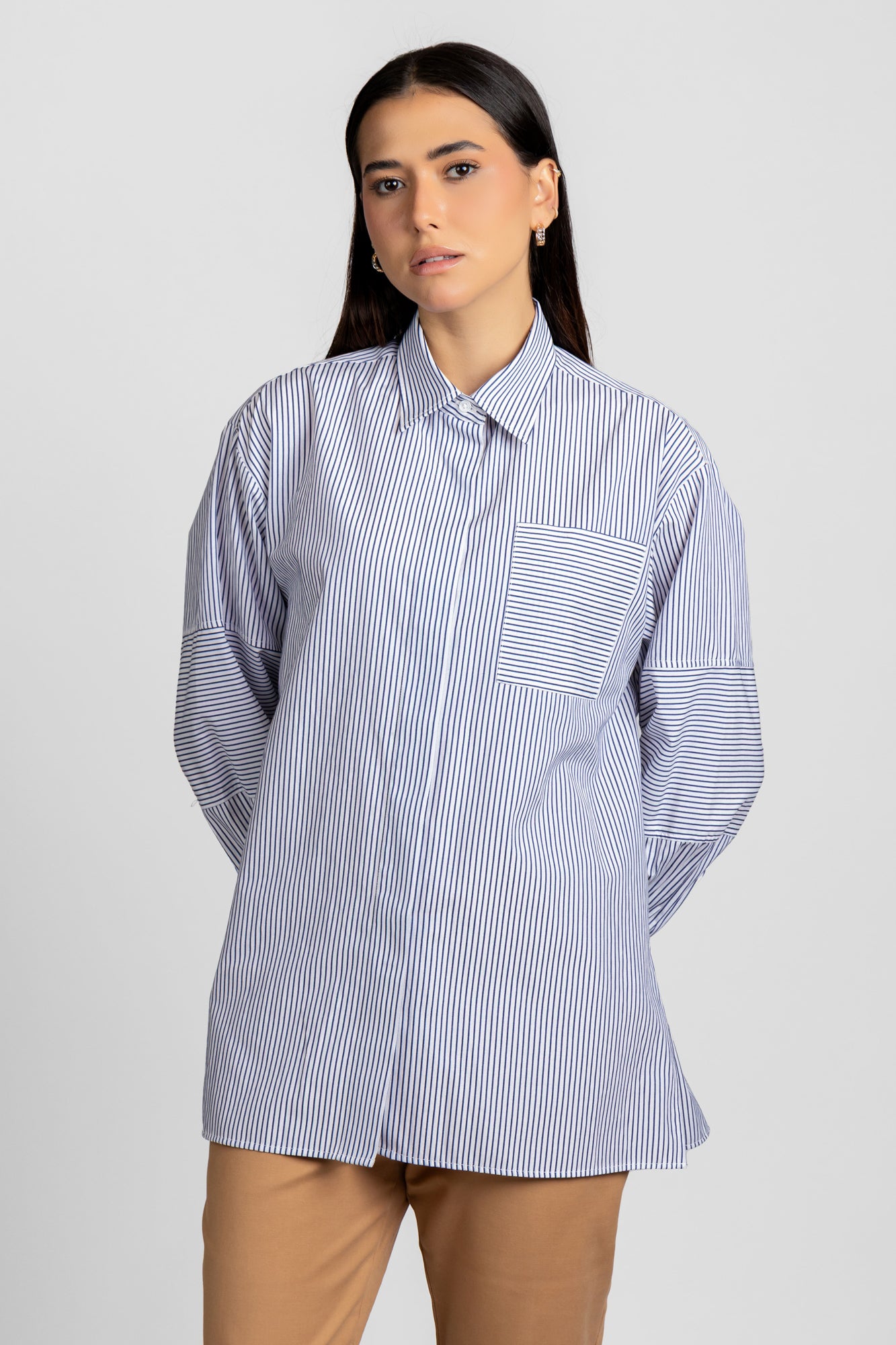Blue Striped Sleeve Patch Shirt