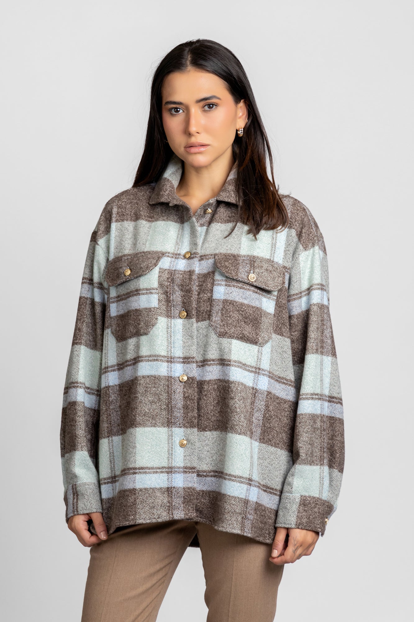 Brushed Checkered Overshirt with Flap Pockets Mint Check