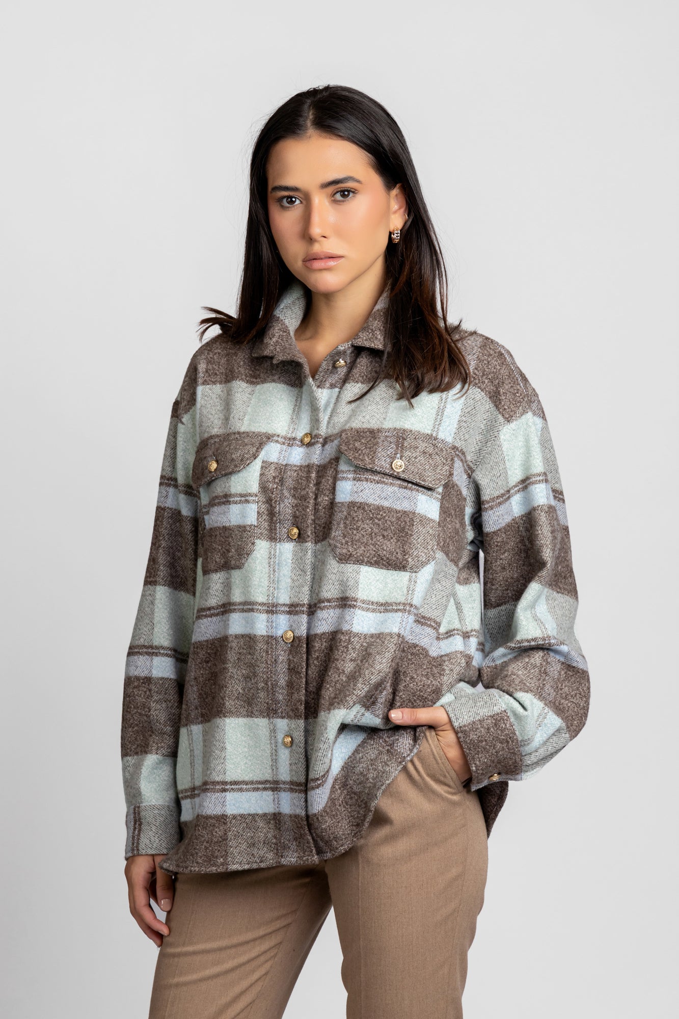 Brushed Checkered Overshirt with Flap Pockets Mint Check