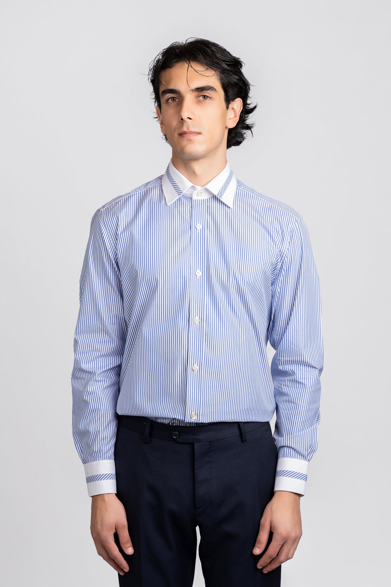 Blue Striped Contrast Patch-Work Shirt - Regular Fit