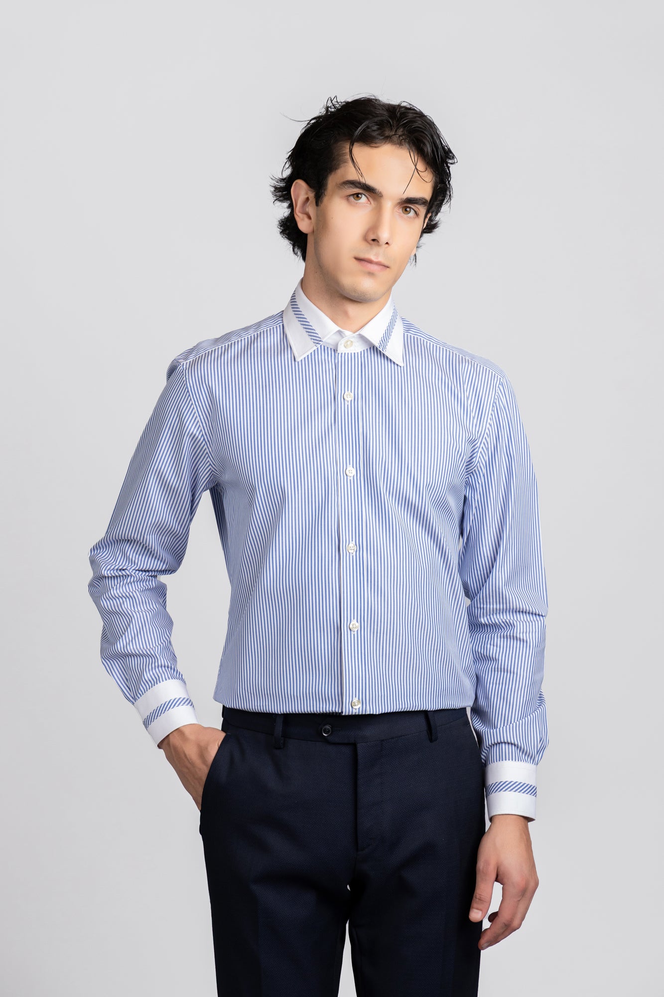 Blue Striped Contrast Patch-Work Shirt - Regular Fit