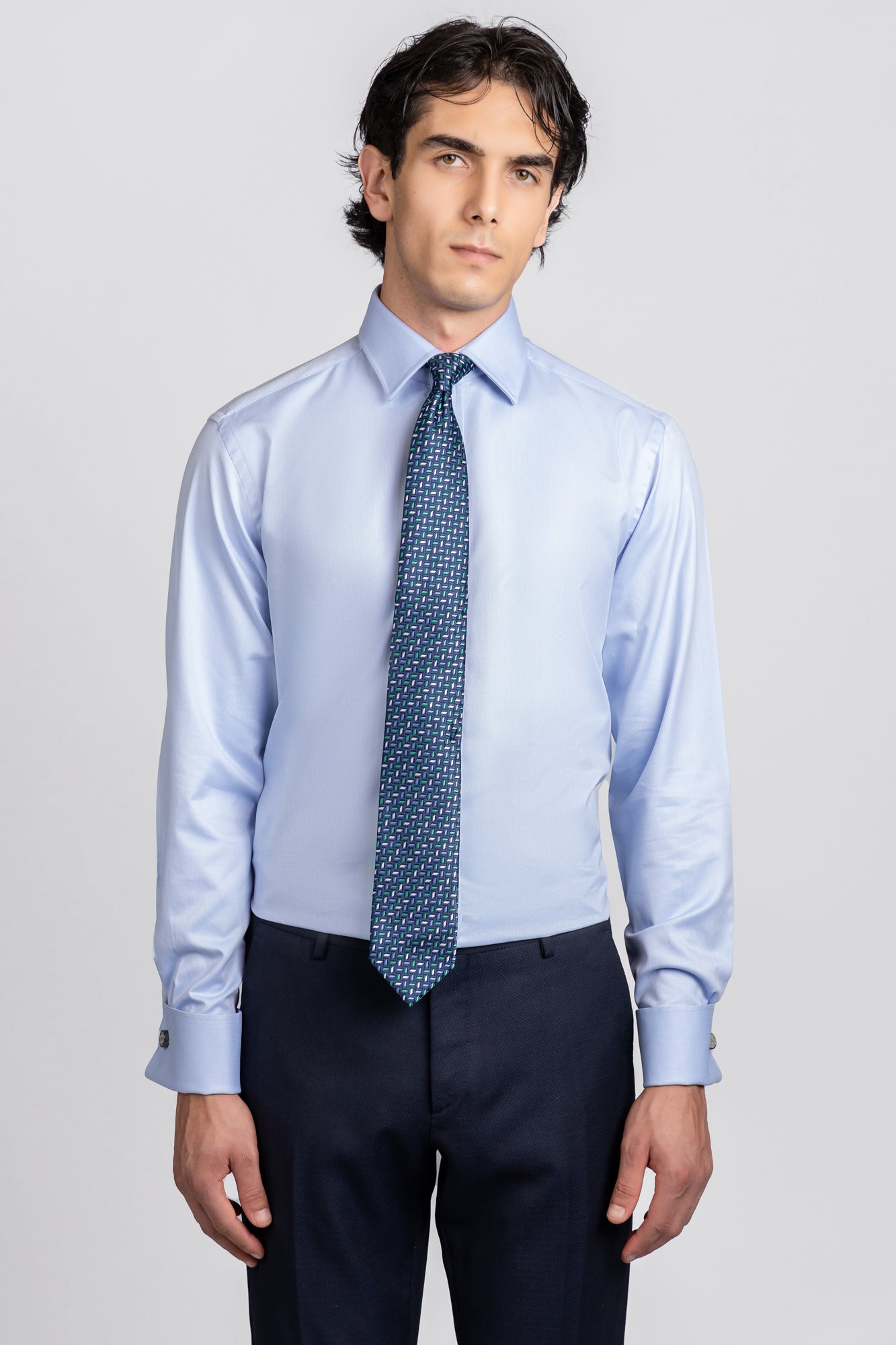 Light Blue Herringbone Double Cuff Non-Iron Shirt - Regular Fit