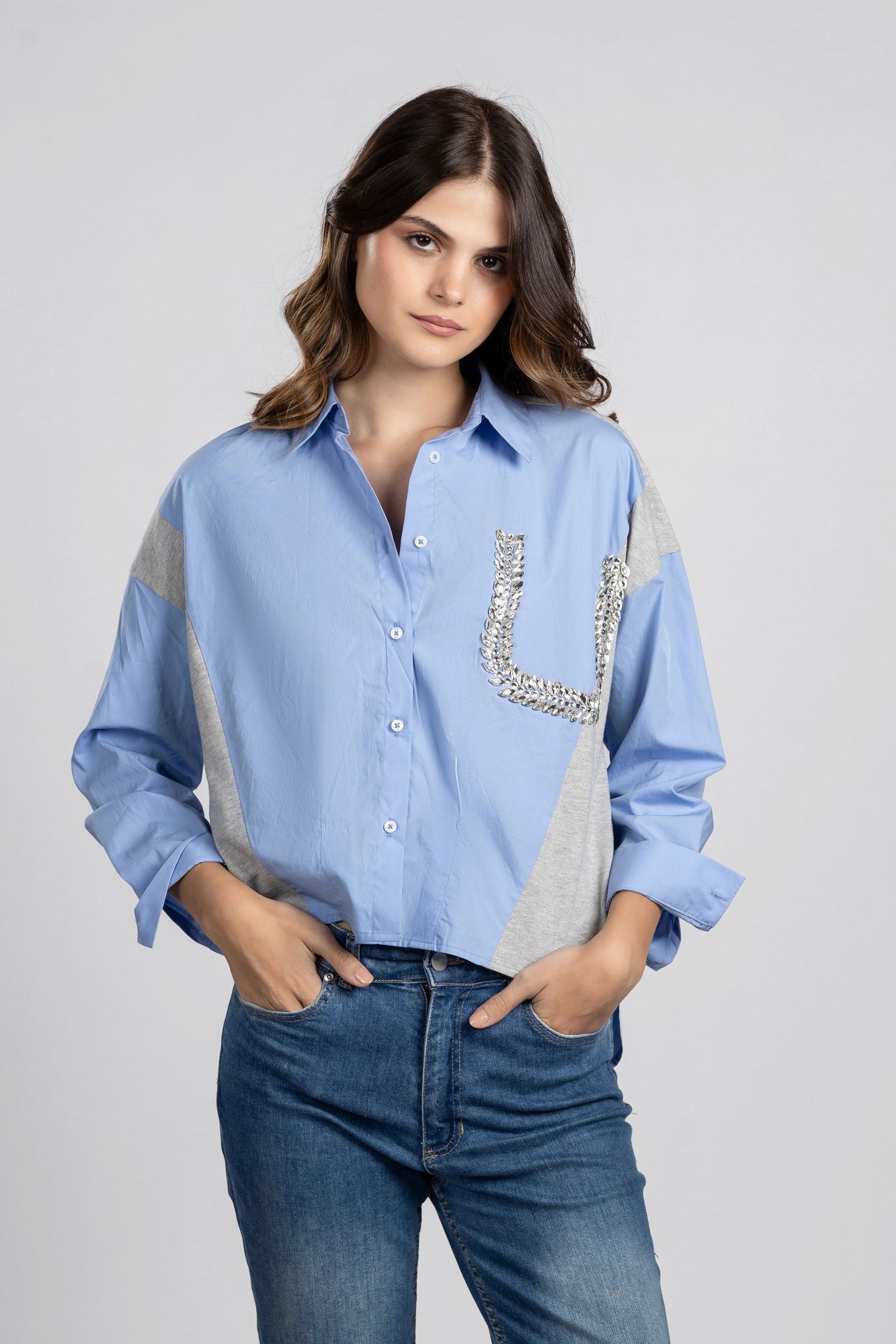 Blue Patchwork Knit Shirt