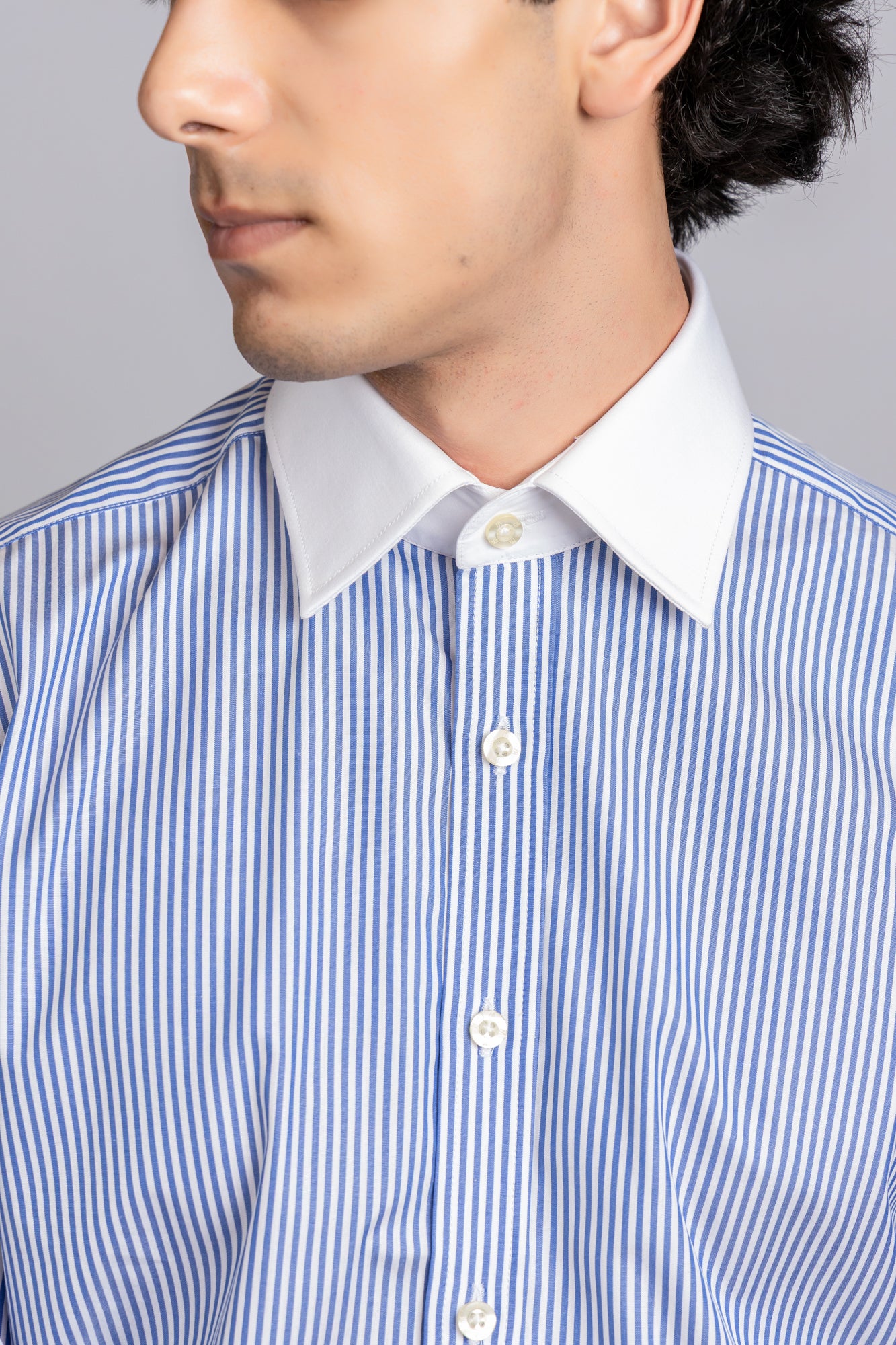 Blue Striped Poplin Contrast Shirt - Regular Fit