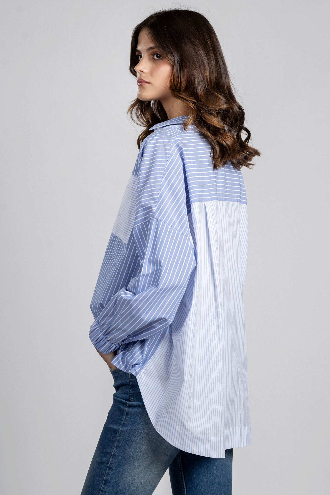 Light Blue Striped Patchwork Hem Tie Shirt