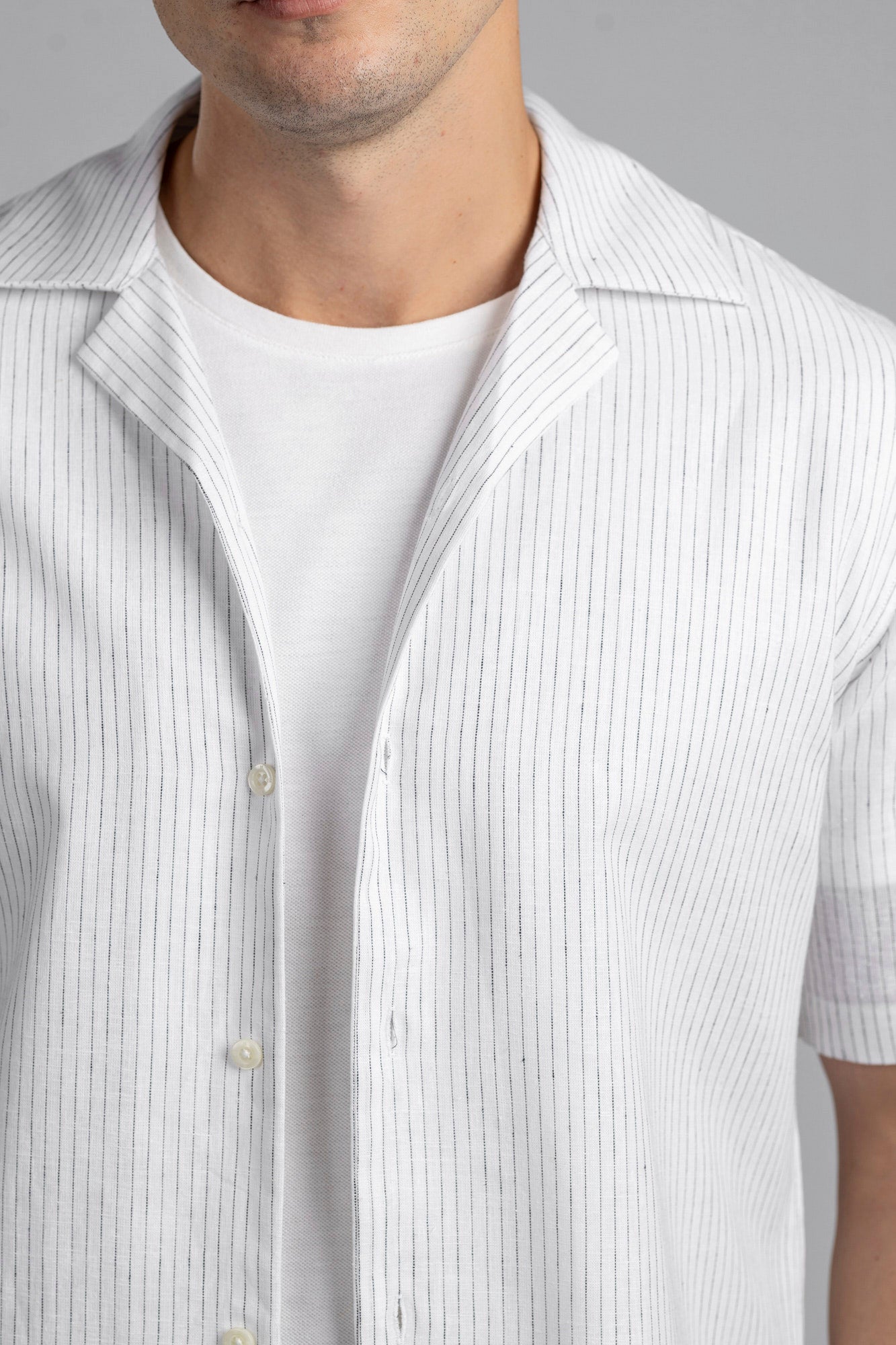 White Pin Stripe Linen Cotton Revere Shirt
