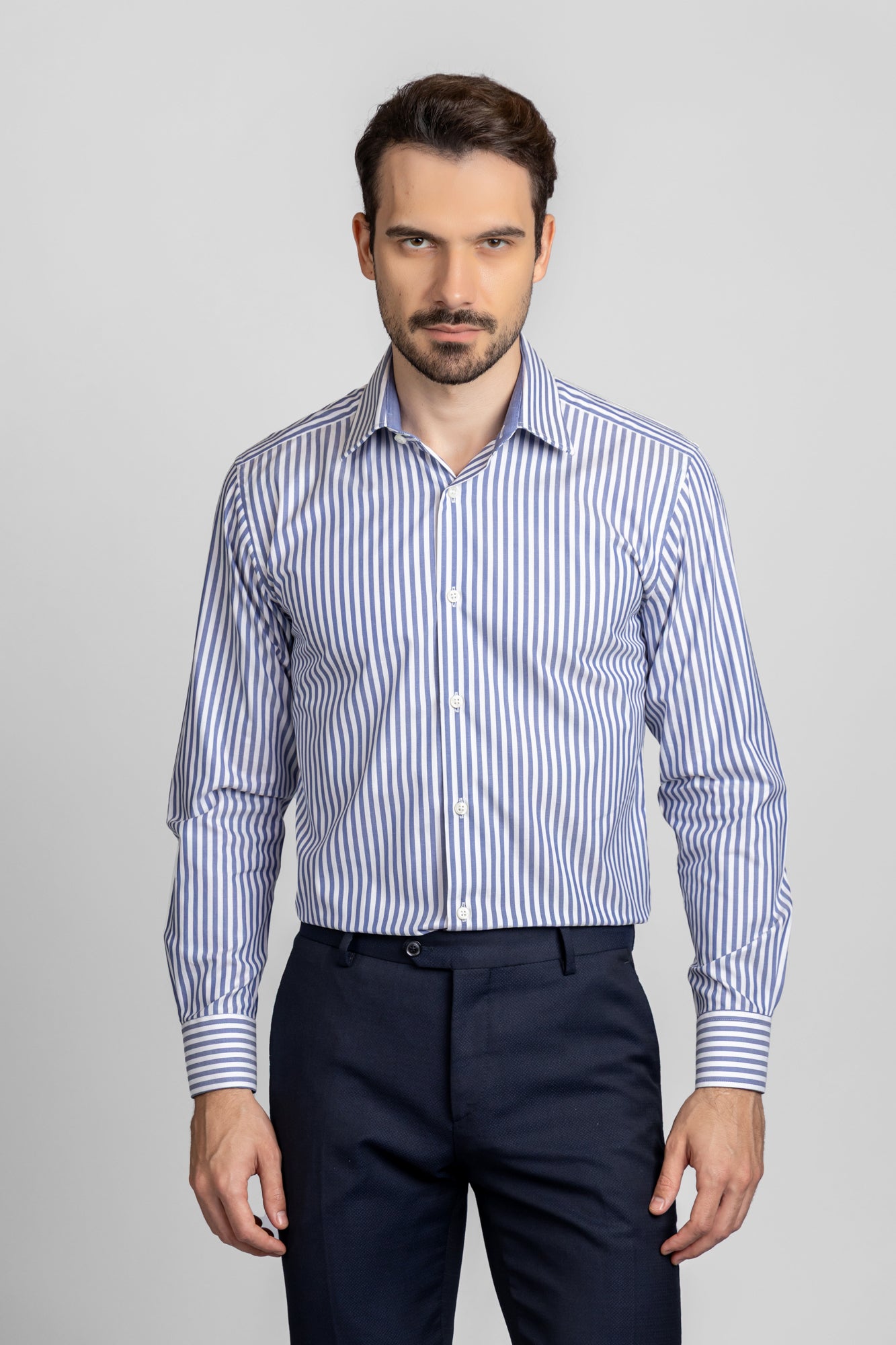 Navy Striped Poplin Shirt - Regular Fit
