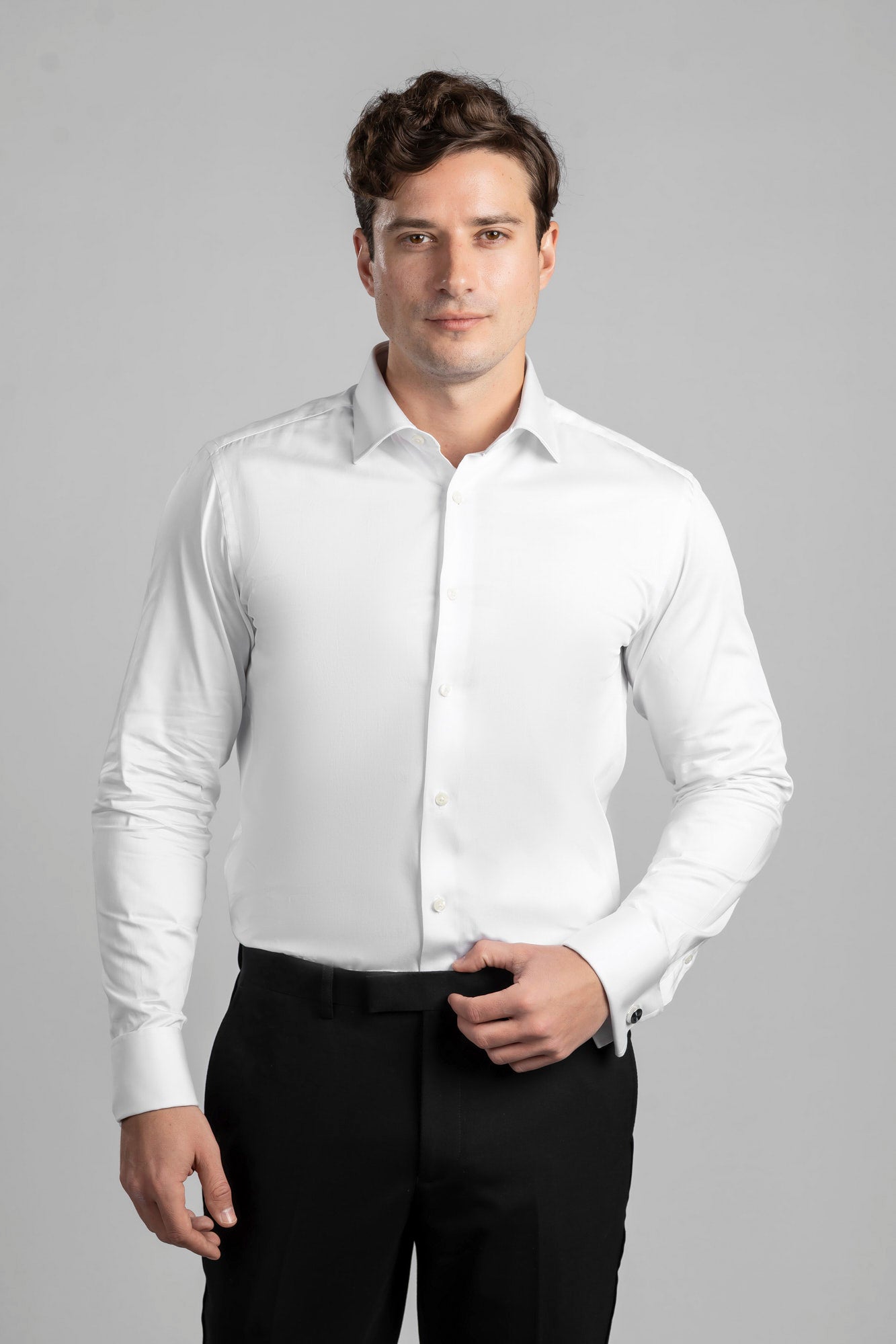 White Satin Twill Double Cuff Shirt - Regular Fit