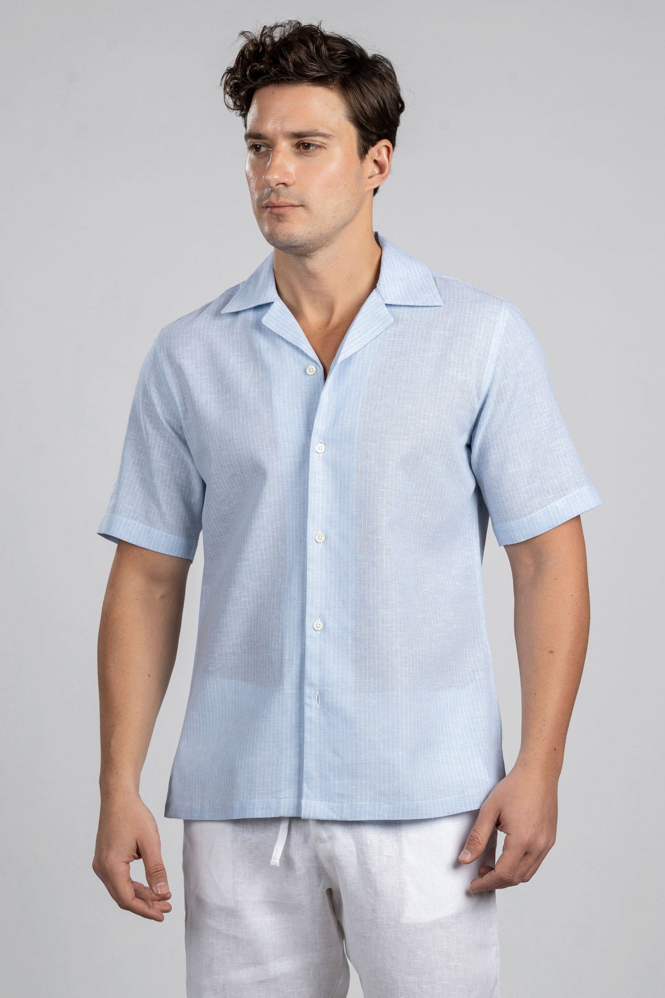 White Pin Stripe Linen Cotton Revere Shirt
