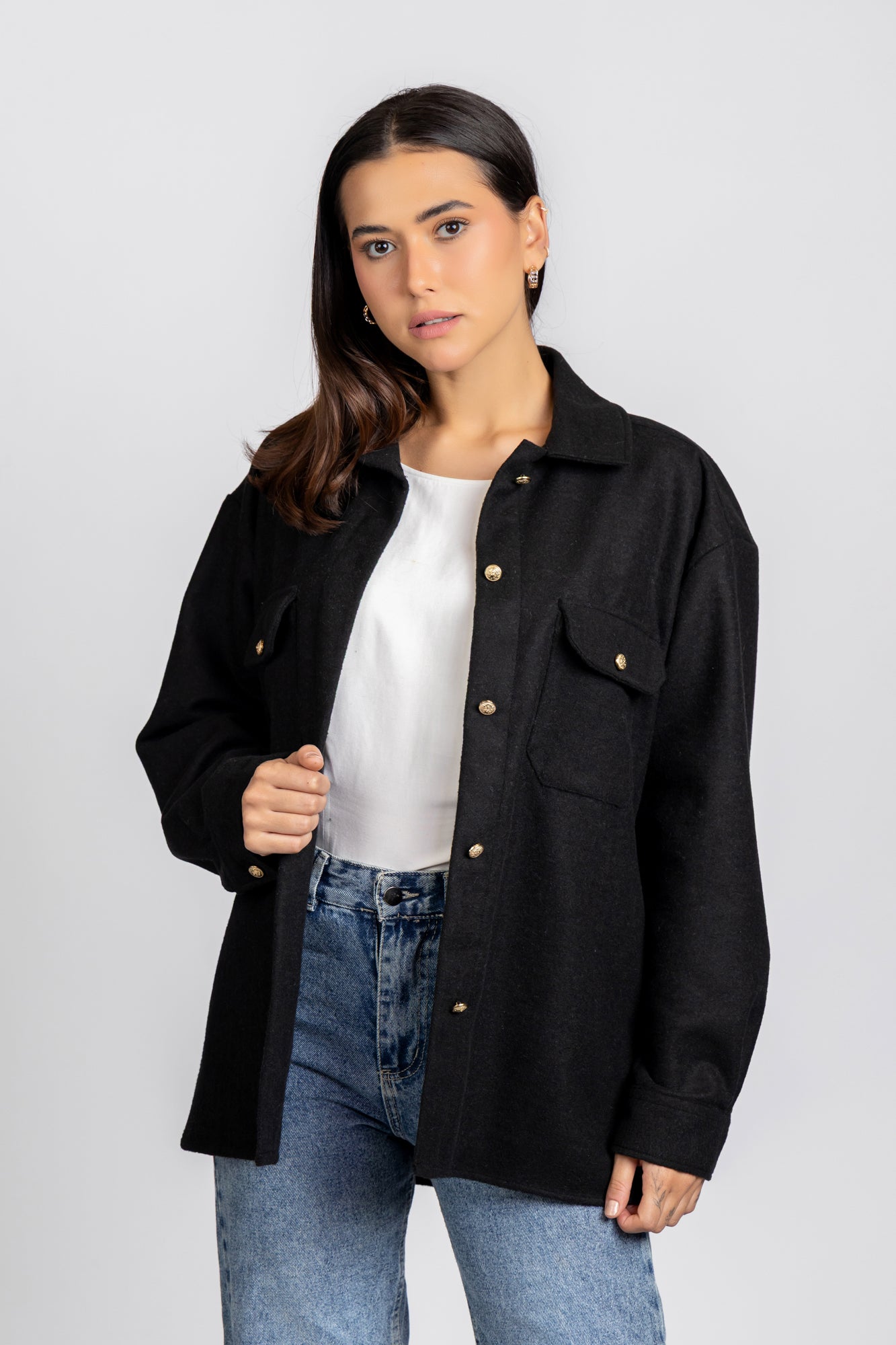 Brushed Overshirt with Flap Pockets Black
