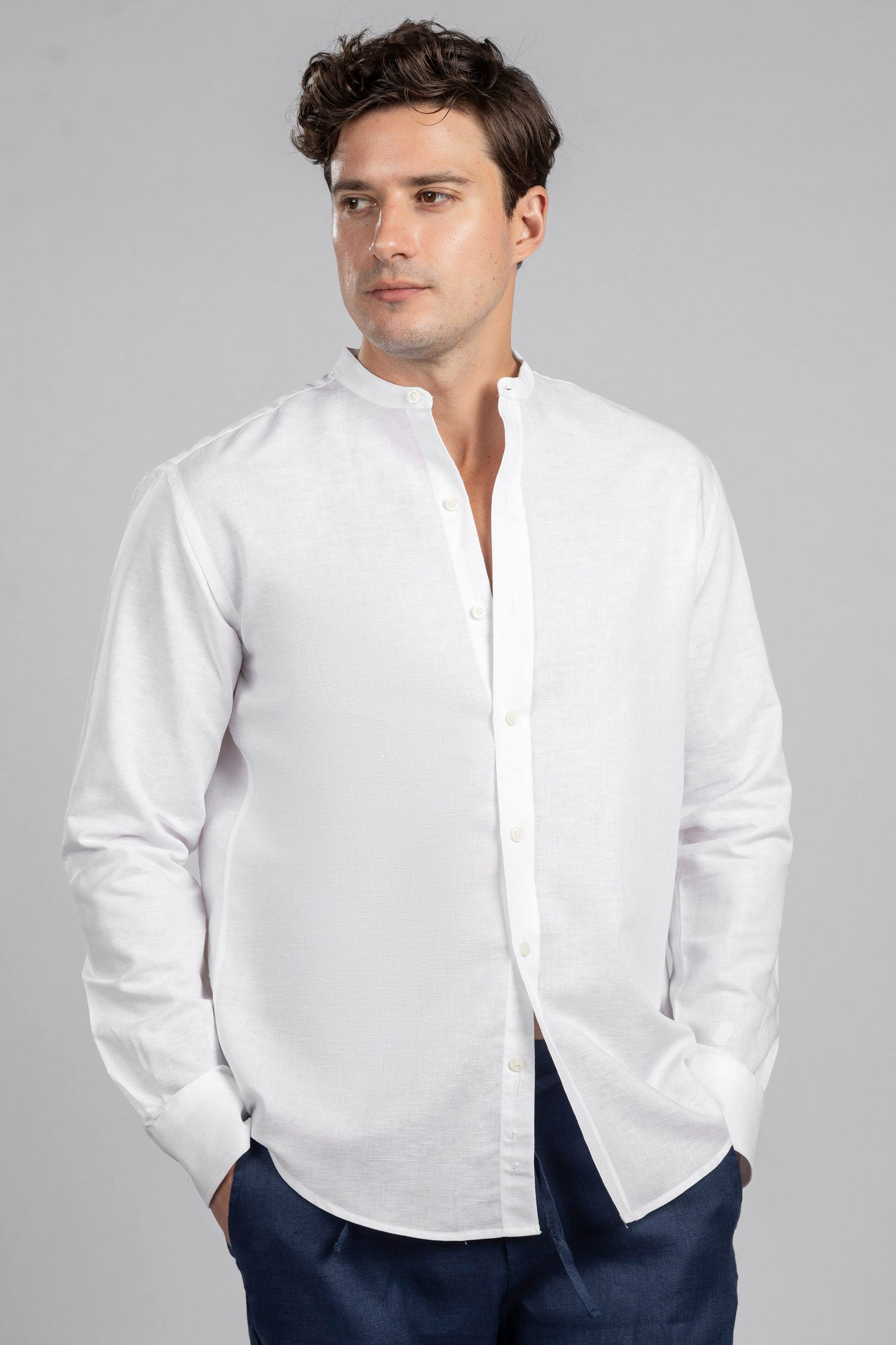 Linen Cotton Mandarin Collar Shirt