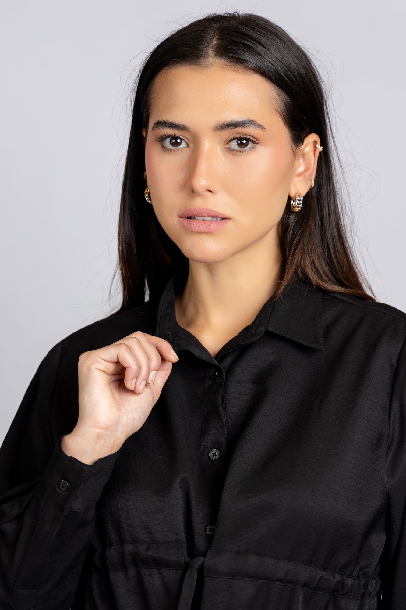 Black Viscose Waist Tie Shirt