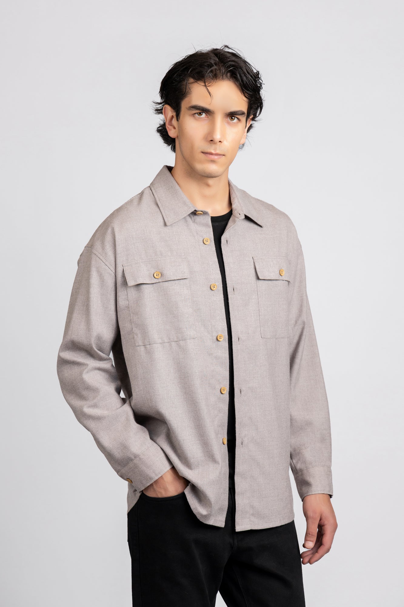 Brushed Shirt with Flap Pockets Beige