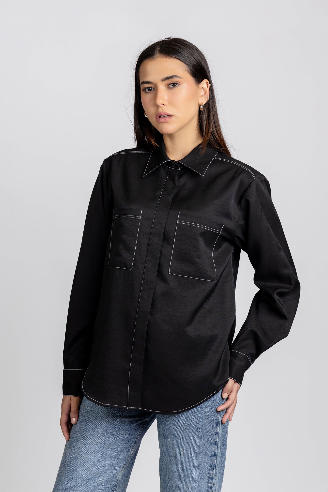 Black Viscose Contrast Shirt with Flap Pockets