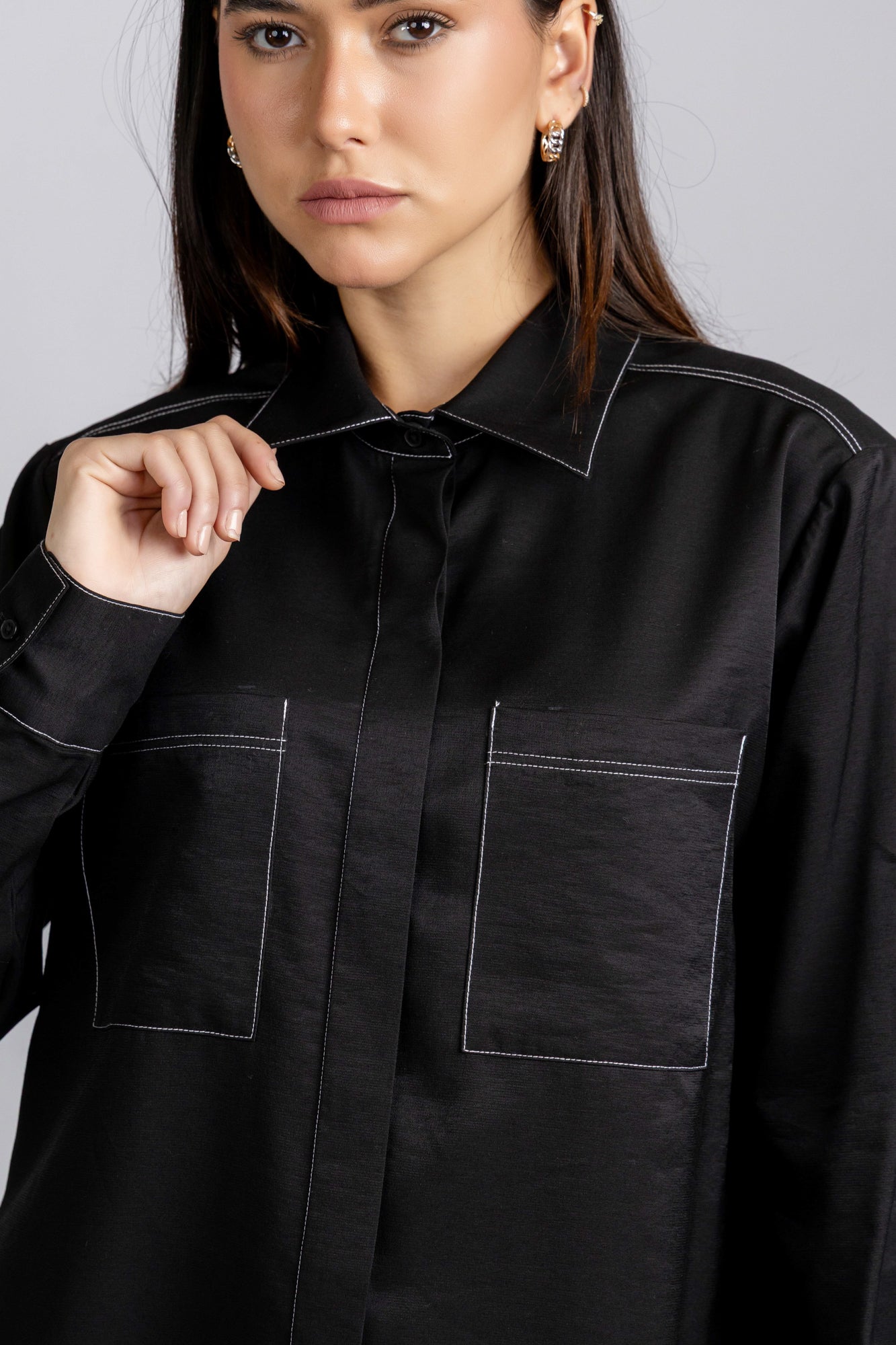Black Viscose Contrast Shirt with Flap Pockets