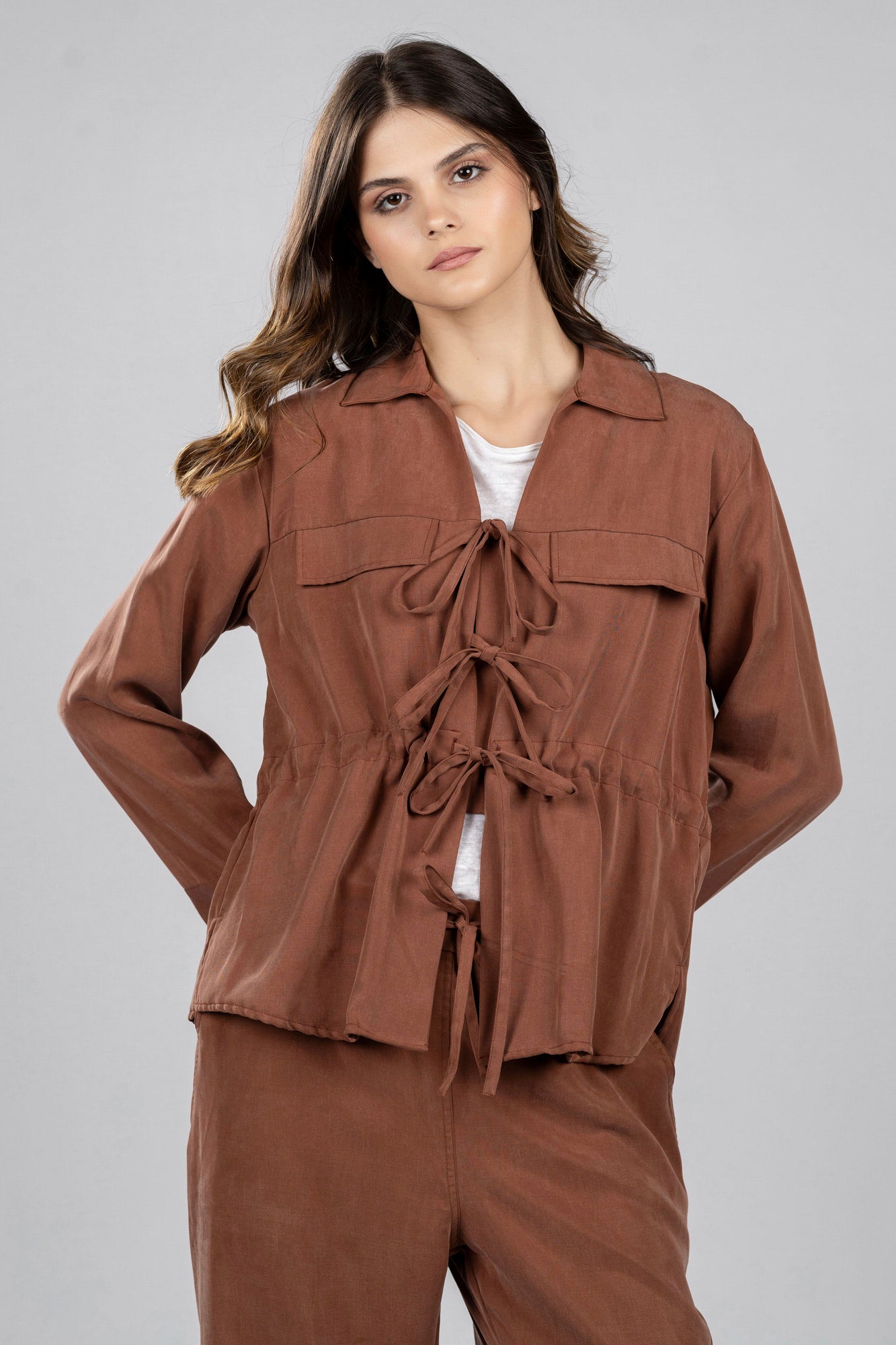 Cafe Tencel Front Tie Shirt