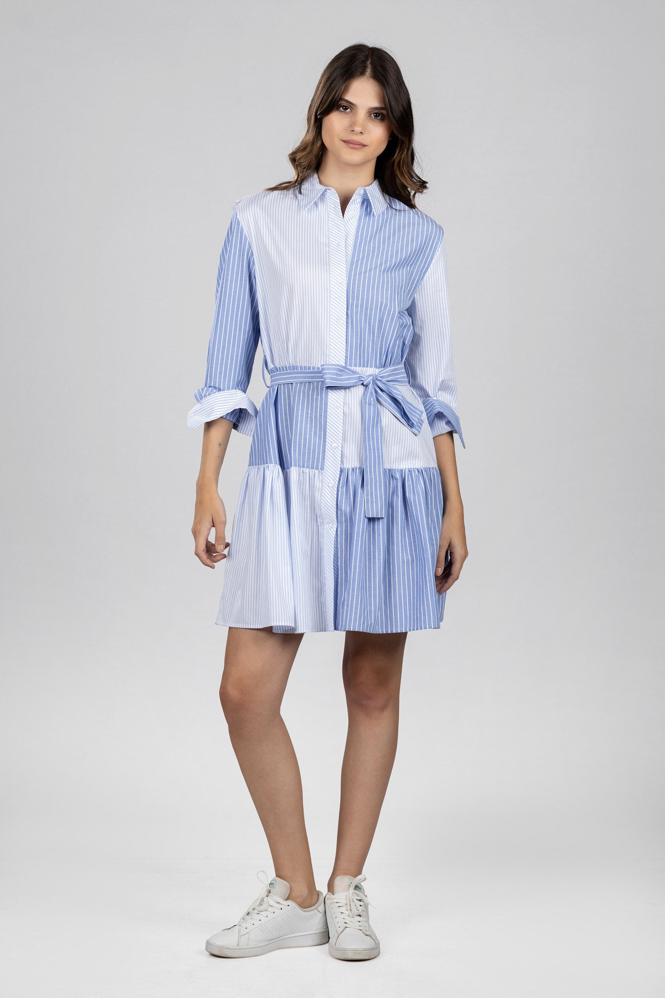 Light Blue Striped Patchwork Shirt Dress